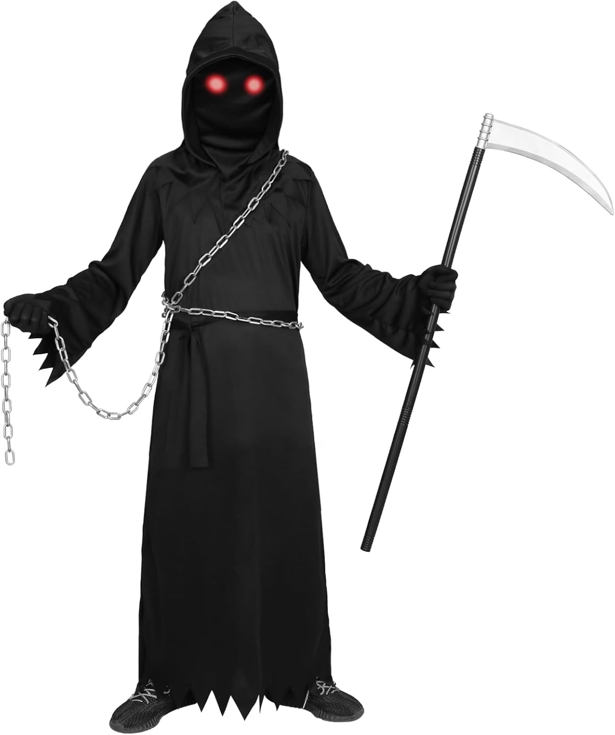 Grim Reaper Halloween Costume with Red Eyes for Adults,Halloween Costumes 7 Pcs Halloween Grim Reaper Costume Set with Glasses Scythe Chain Belt Halloween Costumes Mens image number 5