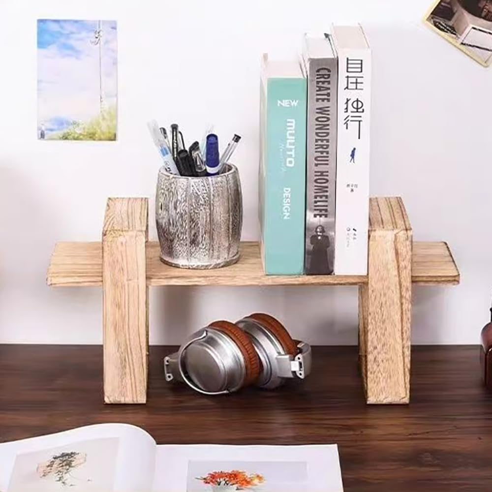 Hbluefat Adjustable Desktop Bookshelf, Retro Small Wood Tabletop Bookbookcase, Home Office Desk Orgnizer Shelf for Magazine, Books, Cds (Wood)