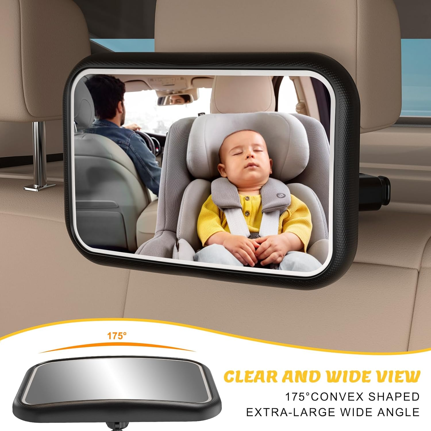 Baby Car Mirror with Light, 11 LED Modes, 360&deg; Rotatable, Remote Control, Wide Angle, Shatterproof, Easy Install, Black, Rear Car Mirror image number 4
