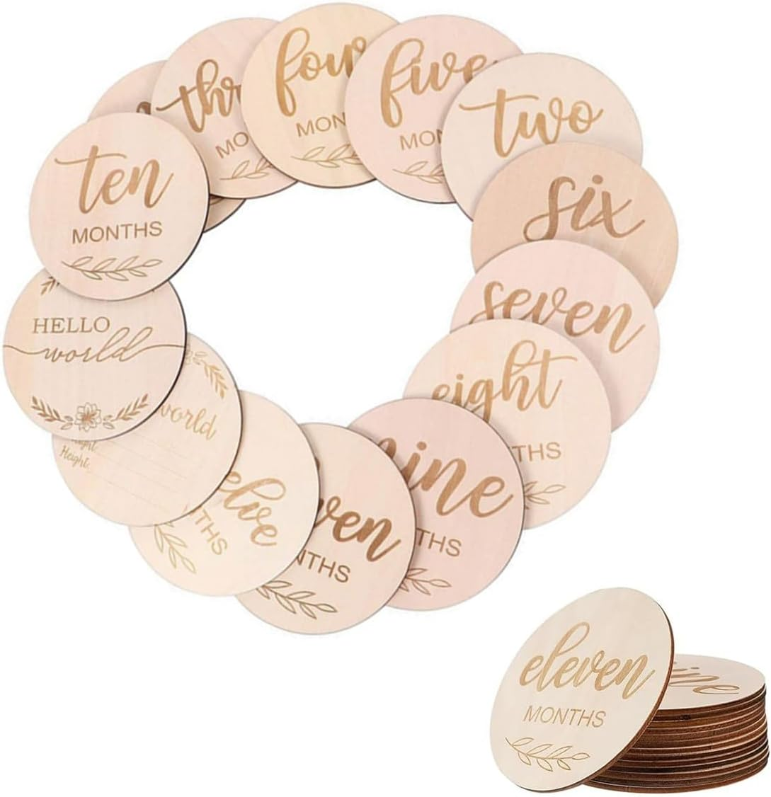 1 Set Newborn Boy/Girl Monthly Milestone Cards,Round Wooden Newborn Milestone Discs,For Monthly Growth Photo Props/Gift, Pregnancy Journey,Decoration Cards(12 Pcs,3.9In)