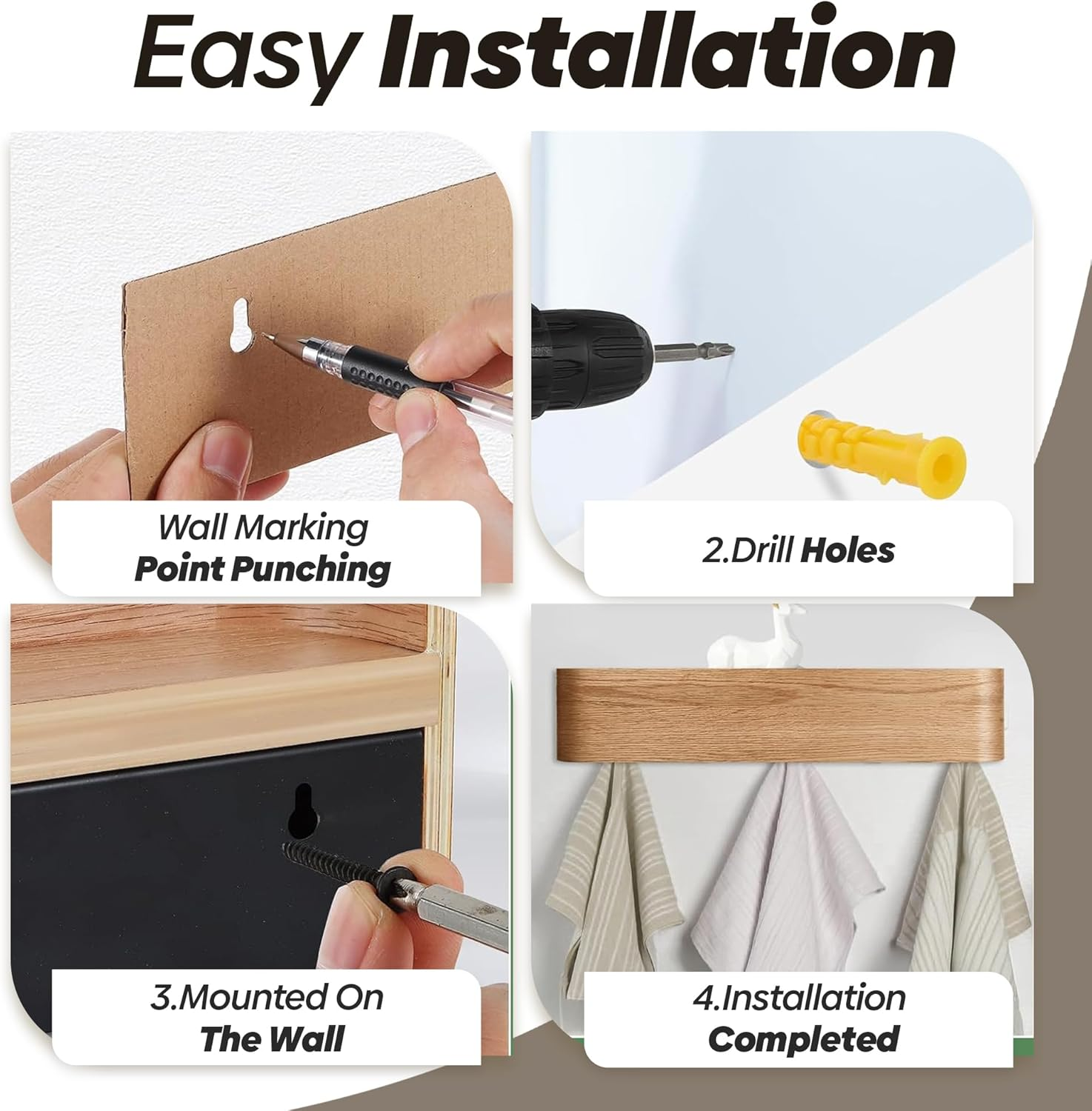 PEACE KINGDOM Wall-Mounted Wooden Coat Rack with Shelf, 50 Cm Modern Design Entryway Hat Towel Robes Coat Hanger with Hidden Metal Wall Hooks for Office, Bathroom, Living Room and Bedroom (Oak) - Walnut image number 5