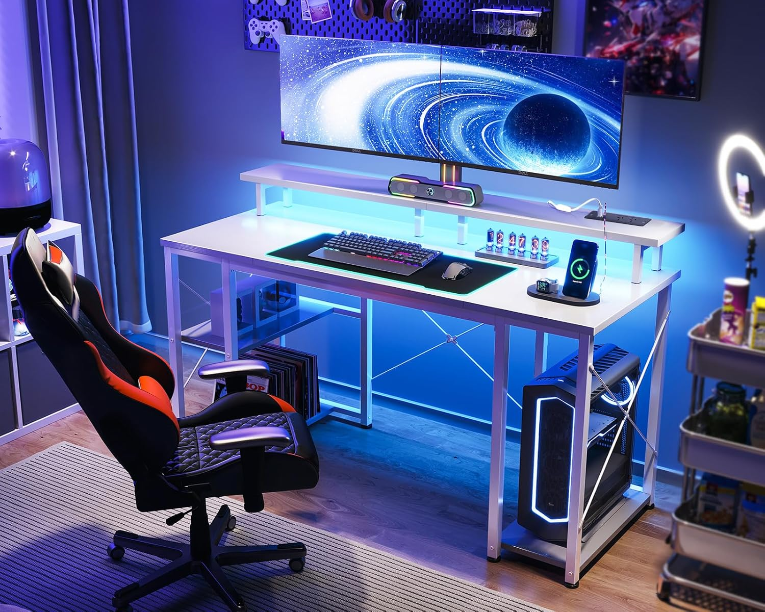 ODK Computer Desk with RGB Light Strip & Built-In Socket, Office Desk with Large Monitor Stand, Gaming Table with Monitor Stand, 120 * 50 * 86.8Cm,White image number 1