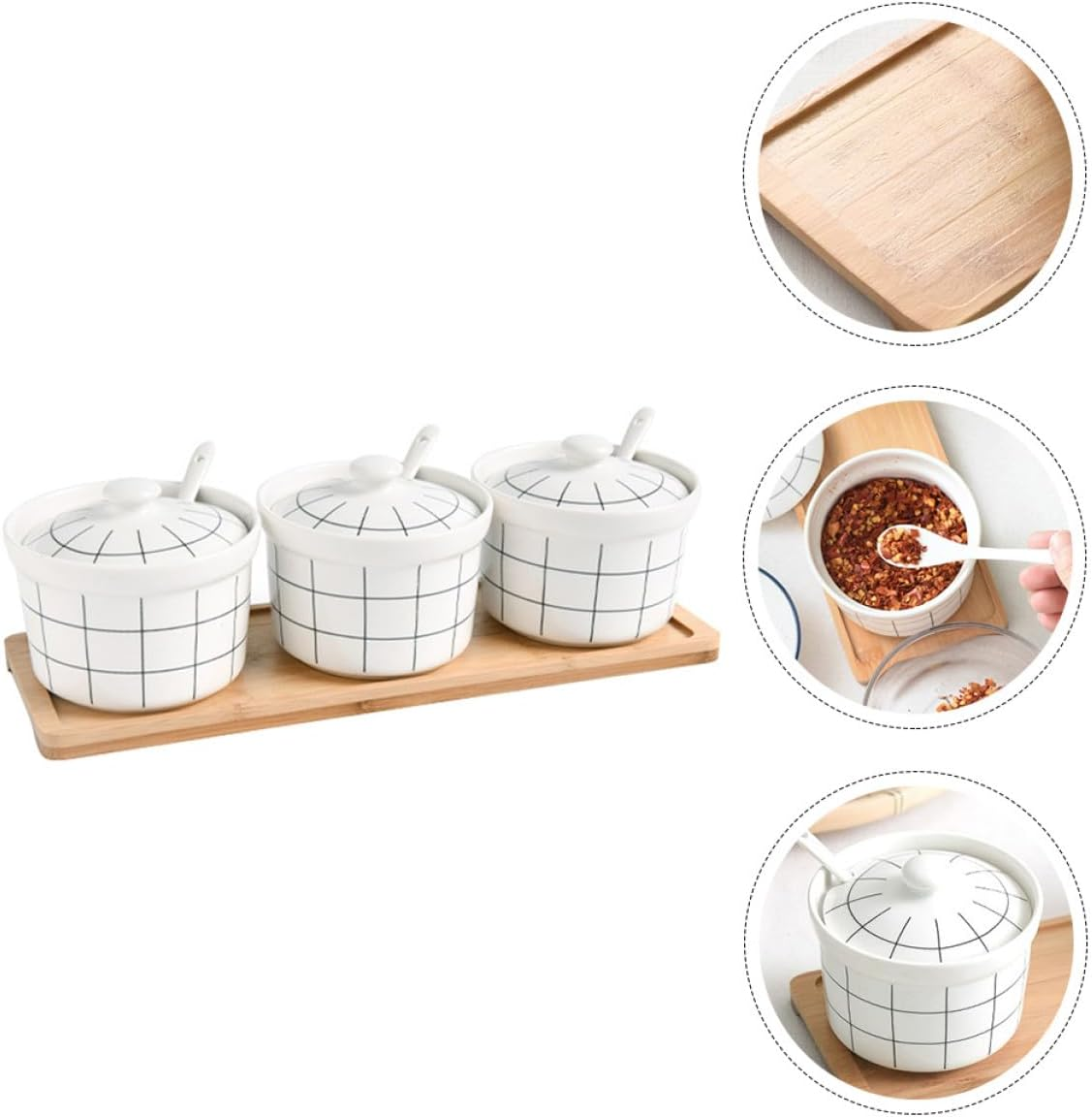 Happyyami Ceramic Salt Jar Spice Storage Jars Condiment Box Set with 3 Spoons Bamboo Lid Kitchen Seasoning Canisters for Home Cooking and Dining image number 6