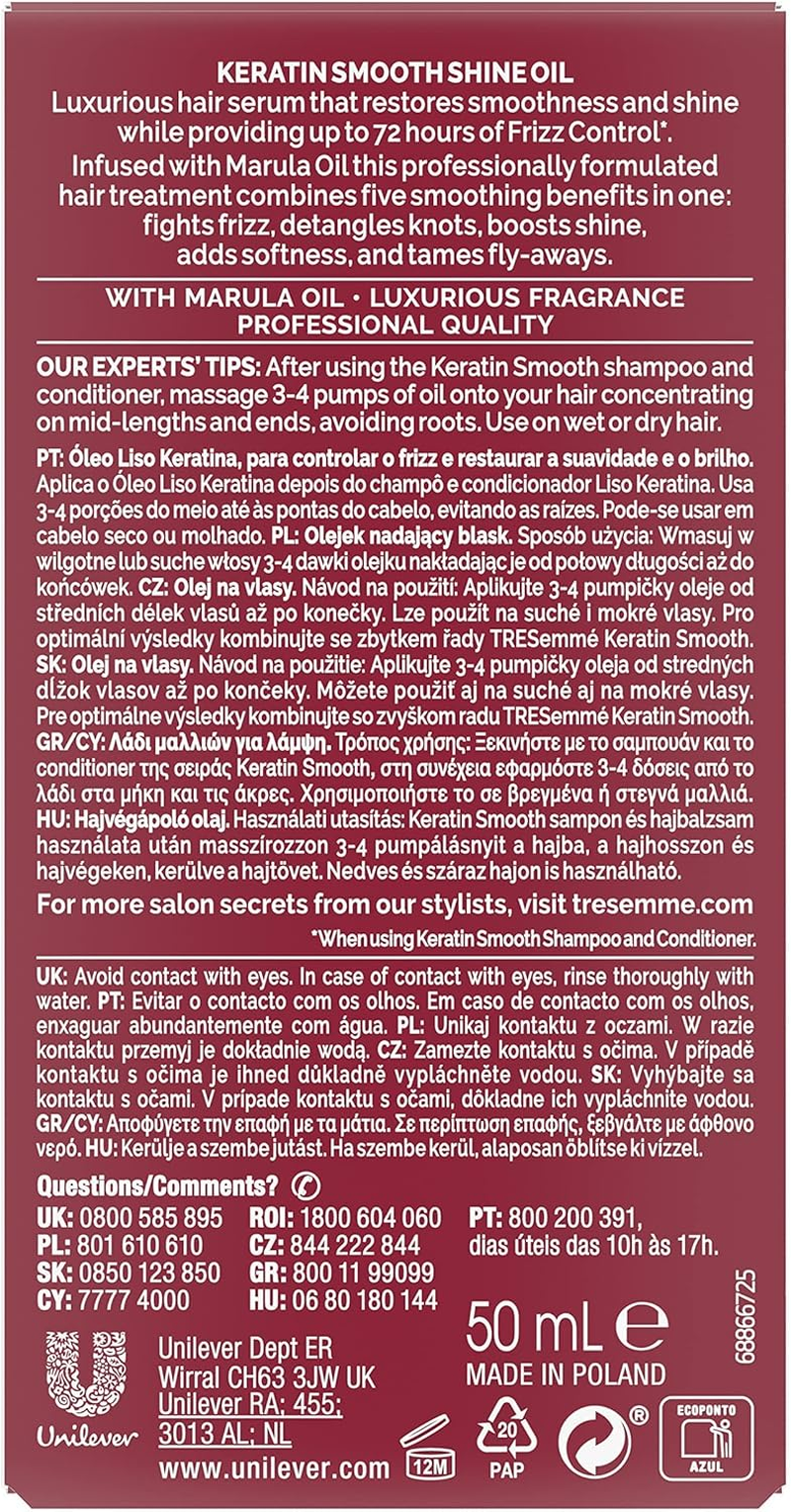 Tresemm&eacute; Pro Collection Keratin Smooth Shine Oil with Keratin and Marula Oil for Soft, Shiny, Frizz-Free Hair 50 Ml