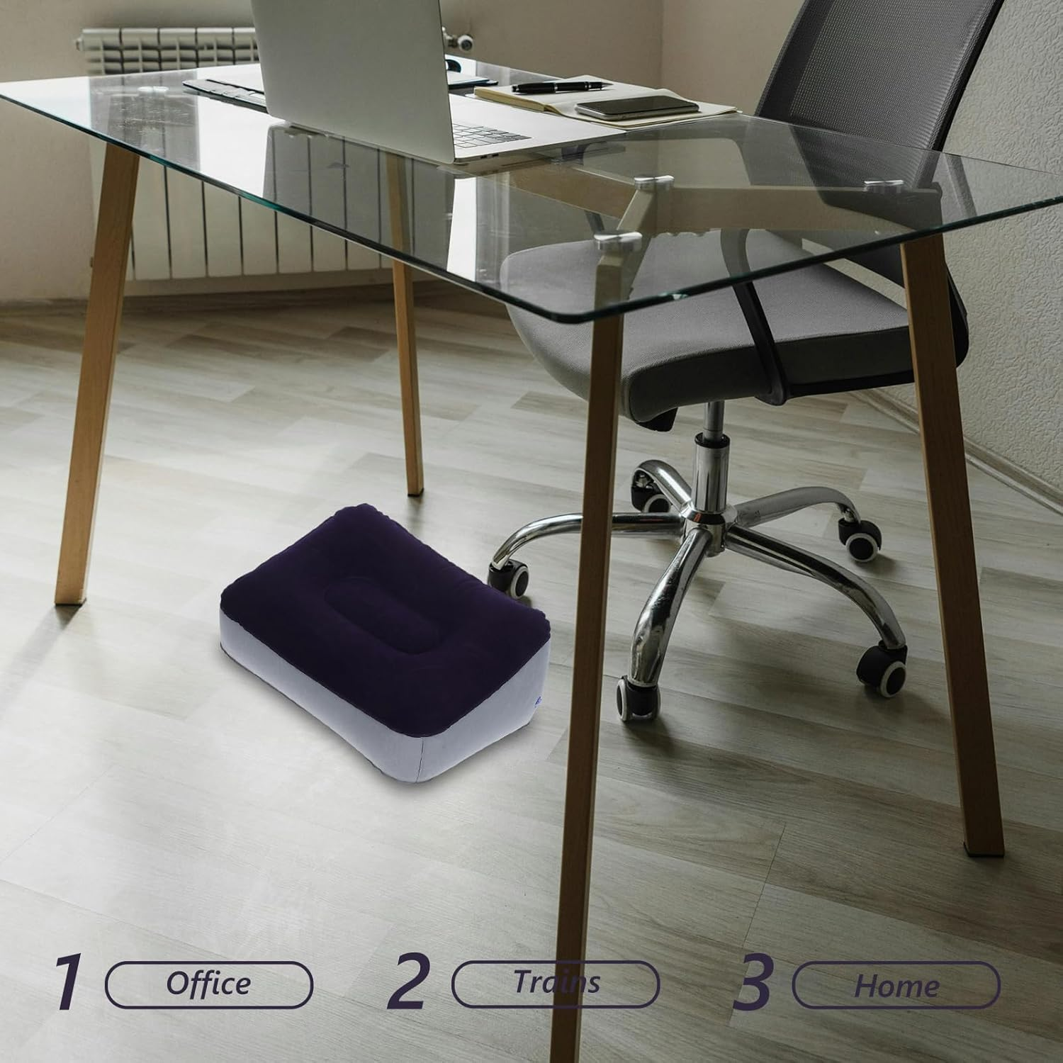 2Pcs Inflatable Travel Foot Rest Cushion Portable Pvc Flocking Footstool for Airplane, Car, Train, Office, and Home Relaxation image number 2