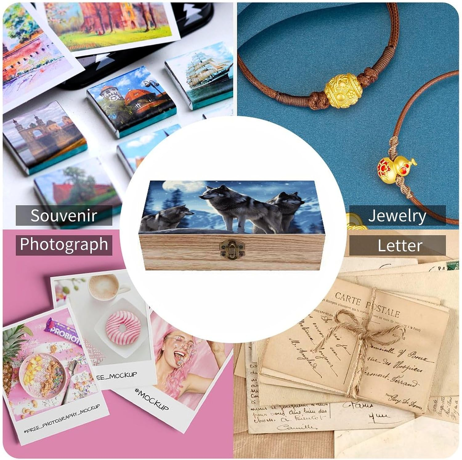 Wolfs Wooden Box Wood Wedding Keepsake Boxes with Lids Small Decorative Boxes Lightweight Wooden Memory Storage Box for Crafts Keepsakes Jewelry Photo Letter Storage image number 3