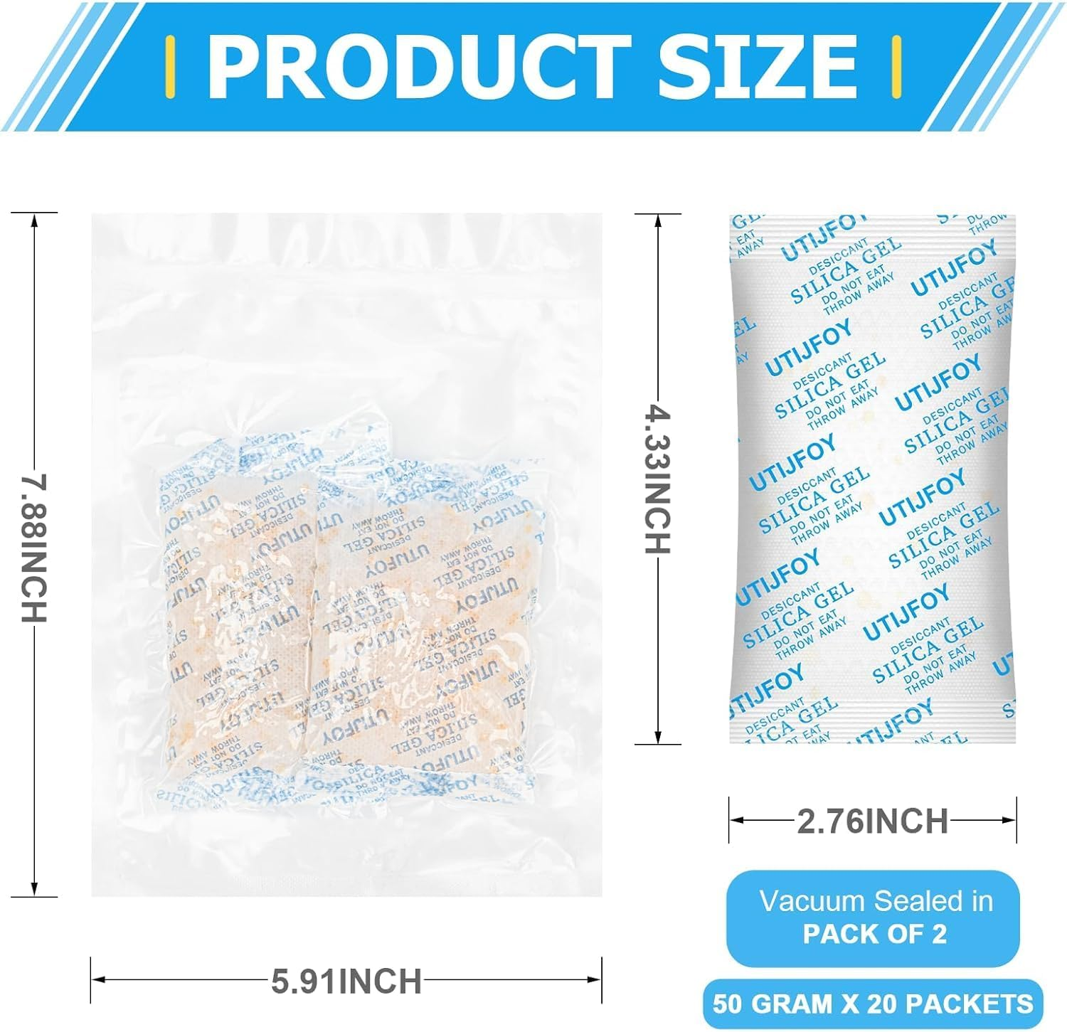 Silica Gel Packets 50 Gram [20 Packs], Moisture Absorber Sachets with Color Indicator, Reusable Desiccant for Food Storage, Electronics & Closet（2 Packs in Individual Bag）