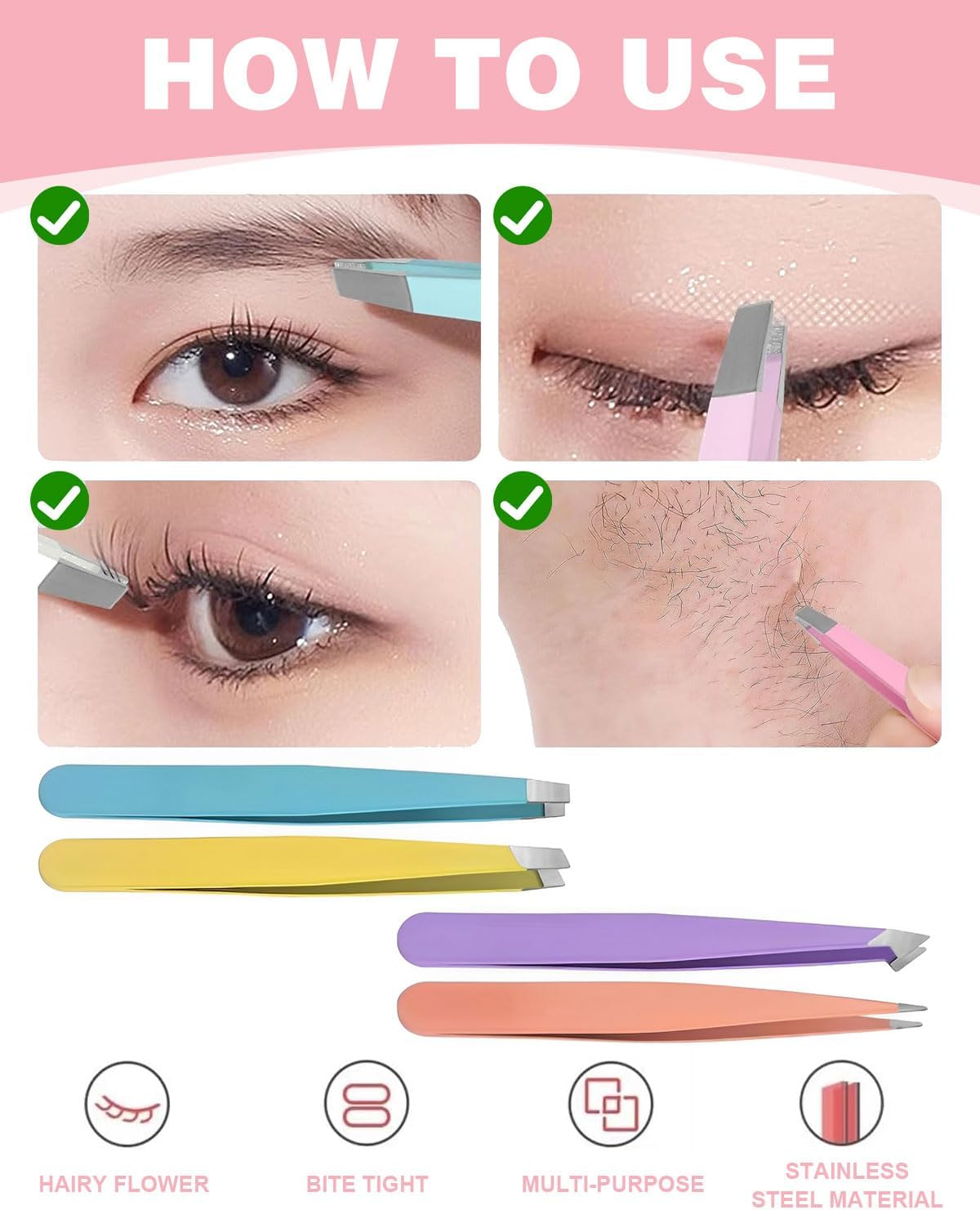 KEMUZ 6 Pieces Portable Tweezers, Professional Stainless Steel Tweezers, Eyebrow Plucking, Stainless Steel Tip Tweezers, Eyebrow Plucking, for Removing Blackheads, Ingrown Hair, Eyelashes image number 4