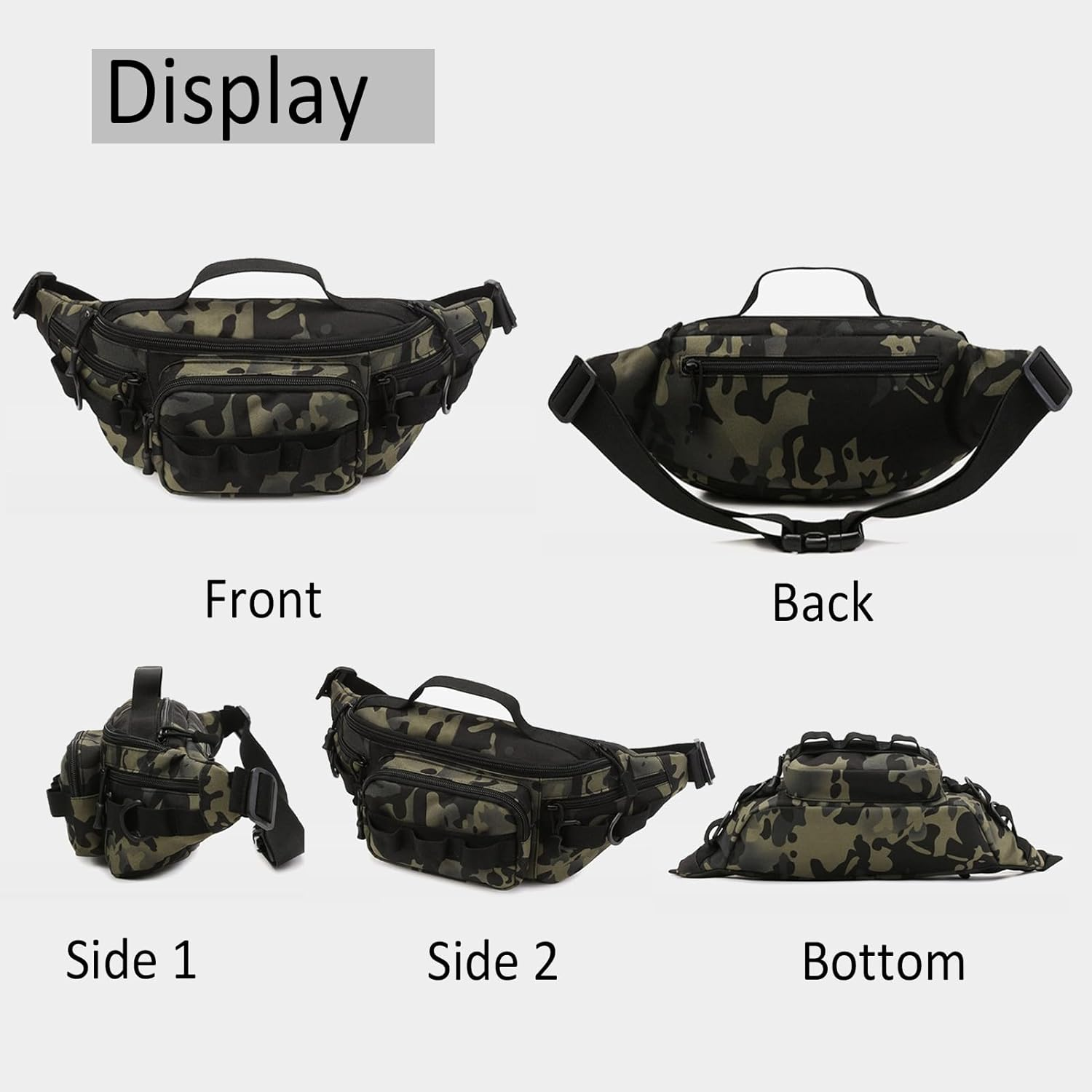 Tactical Fanny Pack, Water-Resistant Military Waist Bag for Outdoor Fishing, Hiking, Climbing - Small Tackle Storage Pack with 2 Mini Carabiners, Tan - Gray Camo image number 5