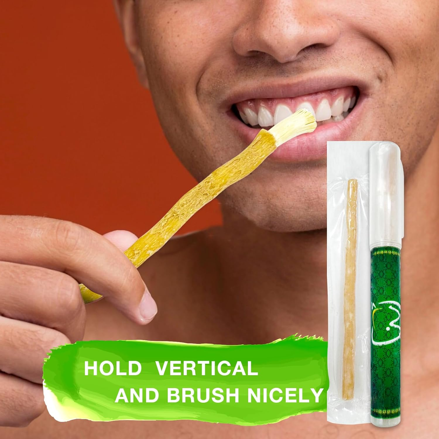 6 Units Vaccum Packed with Holder Oral Hygiene Organic Natural Toothbrush Miswak with Holder(Holder Wiht Natural Toothbrush,Green) image number 2