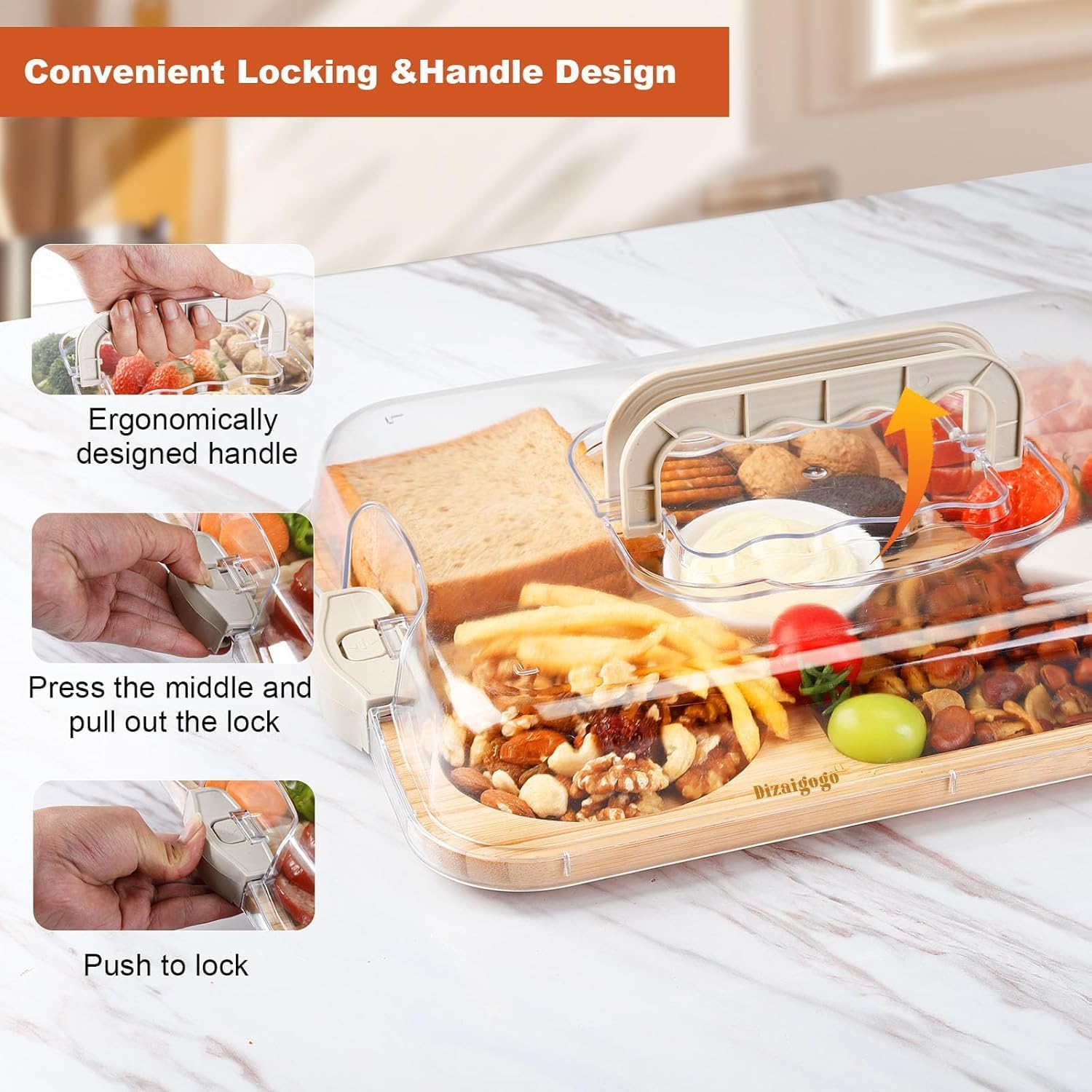 Portable Charcuterie Boards, Cheese Board Bamboowith Locking Lid,Handle and Compartments,Cheese Platter, Bamboo Cutting Board for Kitchen, Picnic, Camping, Party image number 3