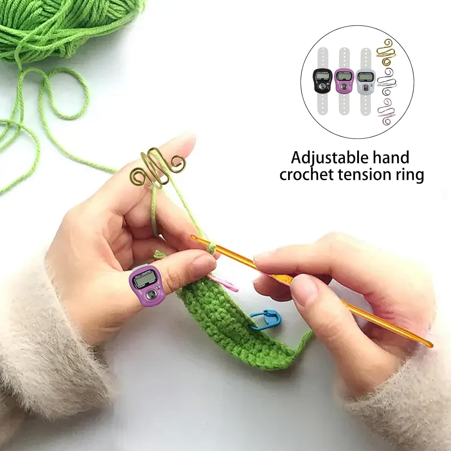 6 Pcs Electronic Finger Tally Counter Crochet Tension Rings Set, Mini LCD Digital Display Handheld Pitch Clicker, Adjustable Crochet Yarn Tension Ring for Knitting Crocheting Easy to Carry (Colors) image number 1