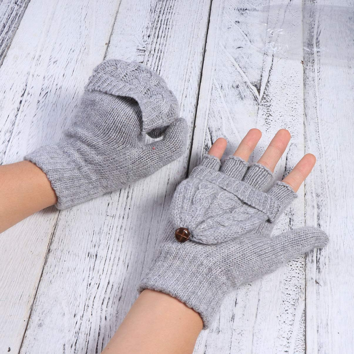 SOLUSTRE Women'S Mittens Winter Mittens Warm Half Finger Gloves for Women, Flip Knitted Mittens Convertible Fingerless Gloves (Grey) White Mittens Ladies Mittens image number 4