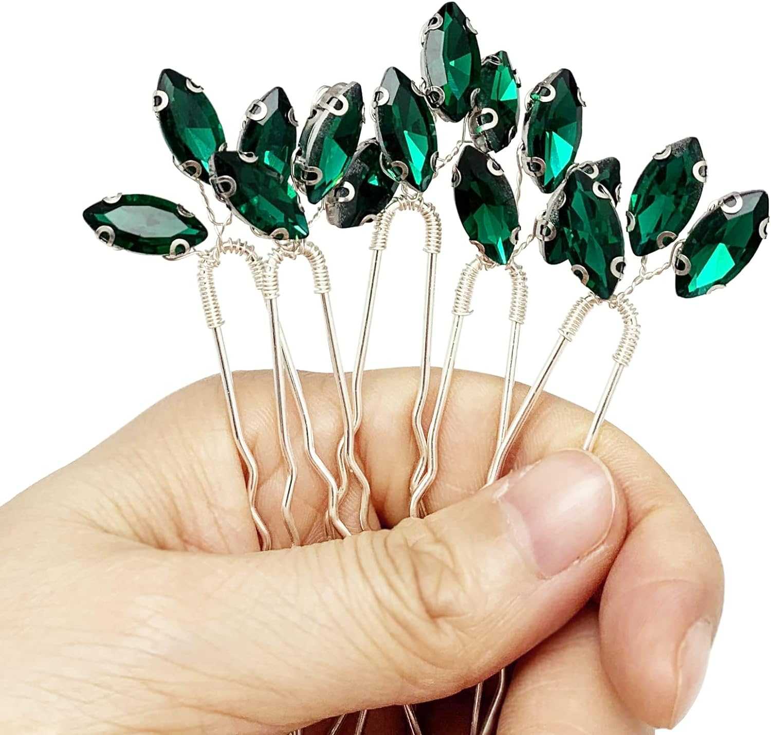 BETITETO Crystal Bridal Hair Pins Accessories 5 Pieces U-Shaped Rhinestone Headpiece for Wedding Party (Emerald Green) image number 2