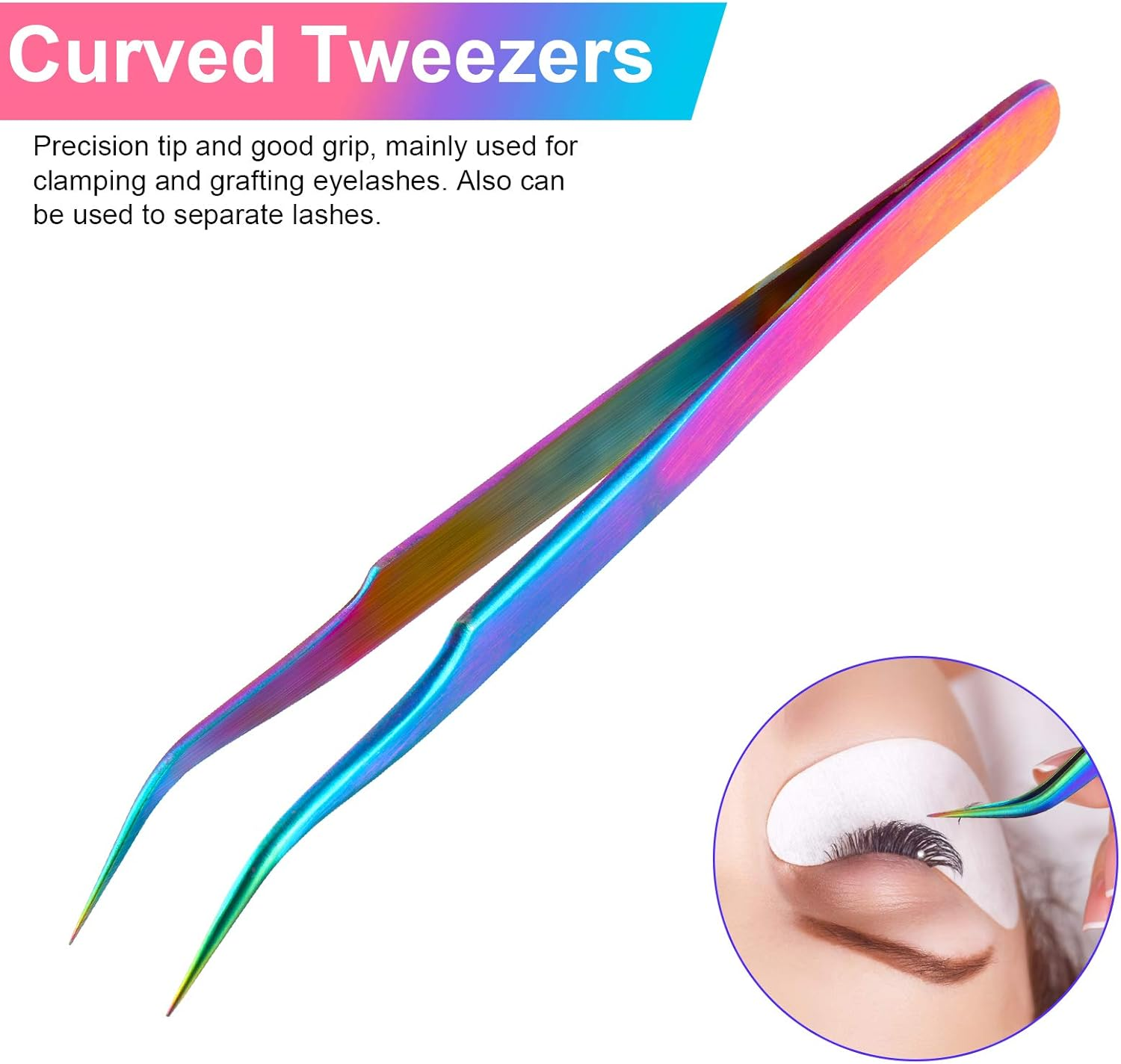 2 Pieces Straight and Curved Tip Tweezers Eyelash Extension Tweezers, Stainless Steel False Lash Application Tools (Iridescence) - Iridescence image number 4