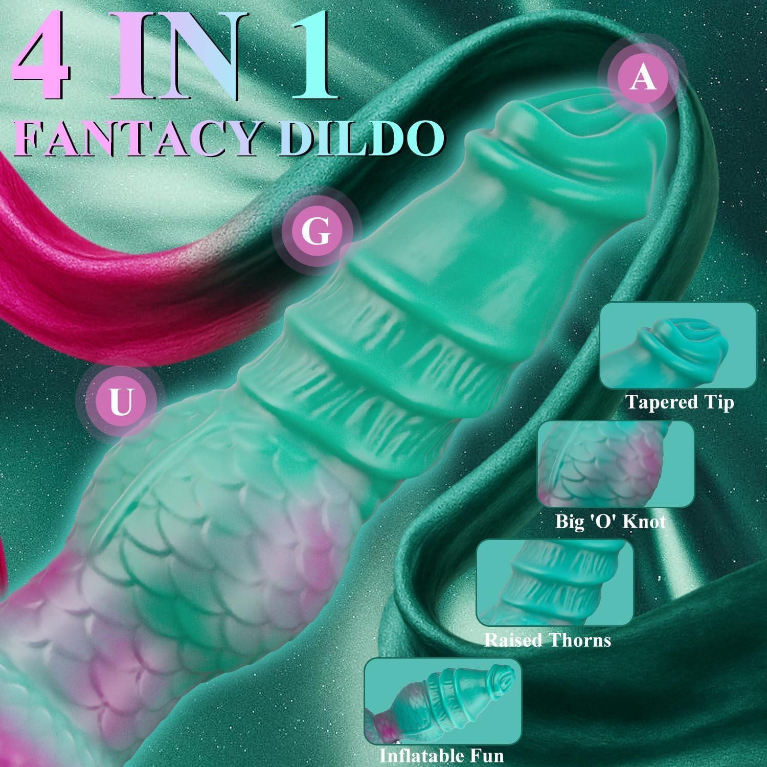 Inflatable Dragon Dildo &ndash; Adjustable Thickness Fantasy Knot Design, Extra Thick Anal Dildo with Strong Suction Cup, Animal-Inspired Dog & Horse Style, Adult Sex Toys for Women and Men (Green) - Green image number 6