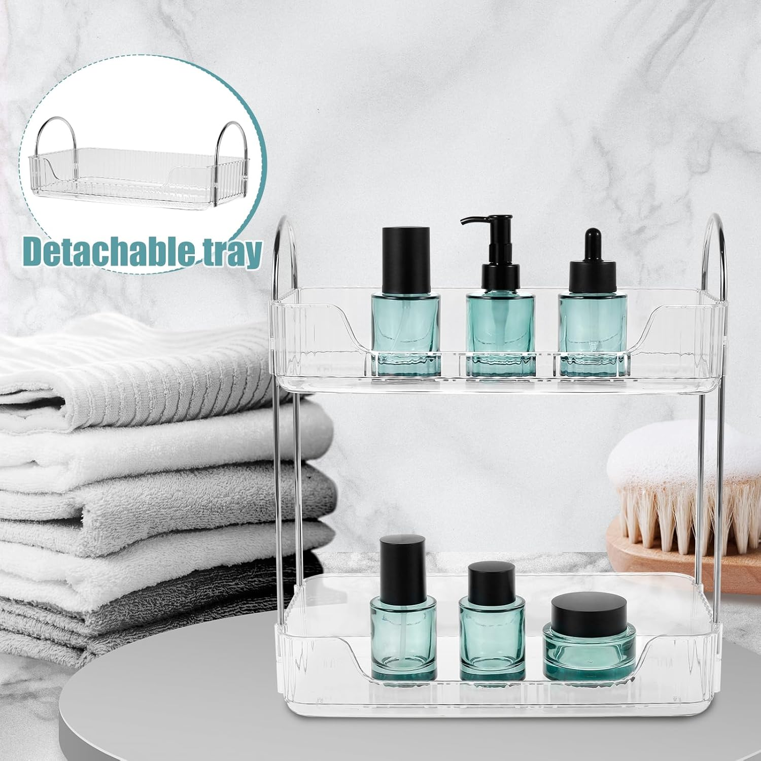Bathroom Countertop Organizer 2-Tier Vanity Tray Shelf Vanity Counter Skincare Shelf Organizer with Detachable Tray Kitchen Counter Standing Rack Bathroom Countertop Storage Organizer (Clear White) - Clear White image number 2