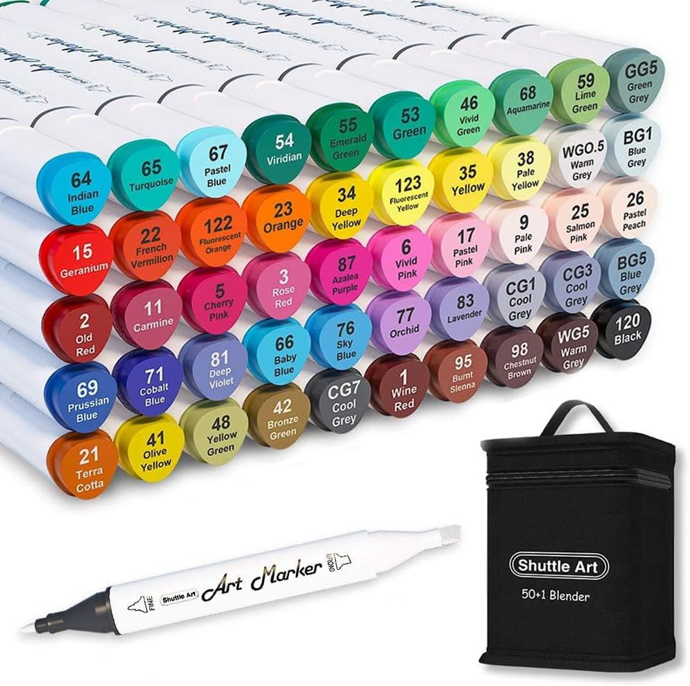 Shuttle Art Dual Tip Alcohol Based Art Markers, 50 Colours plus 1 Blender Permanent Marker with Case Perfect for Kids Adult Coloring Books Sketching Card Making image number 4