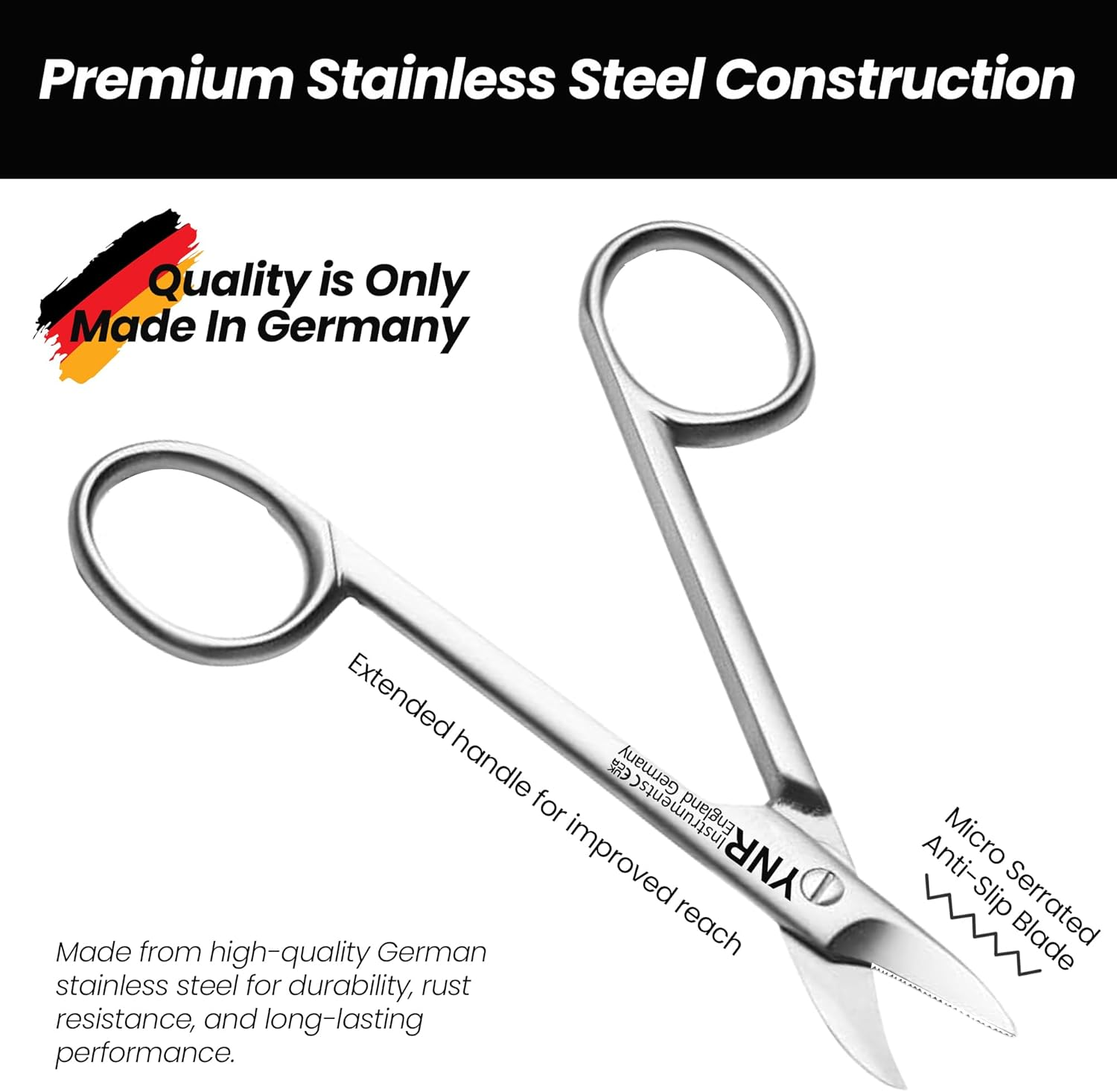 YNR German Stainless Steel Nail Scissors Cutting & Trimming Toenail Scissor Anti-Slip Serrated Blade for Men & Women Manicure & Pedicure Shares for Thick Nails & Cuticle with Pouch image number 4