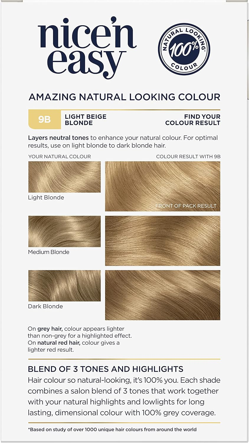 Clairol Nice 'N Easy Permanent Colour 9B Natural Light Beige Blonde, 100% Grey Coverage, Natural Looking Hair Colour (Pack of 3) image number 1