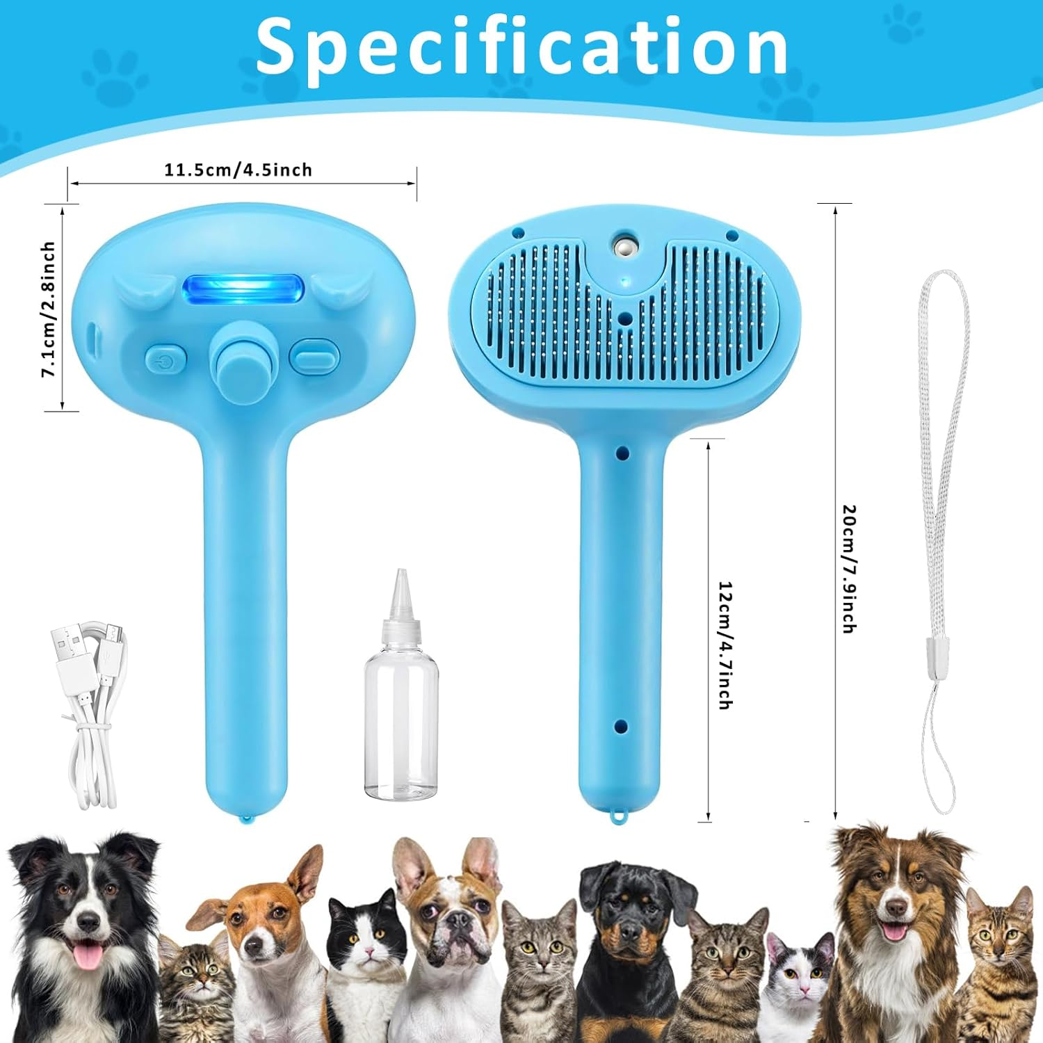 Spray Comb for Cats, Steamy Cat Brush, Cat Brush with Release Button, Cat Brush, Short Hair, Pet Dog Brush, Cat Brush, Multifunctional Cat Spray Massage Comb, Blue image number 5
