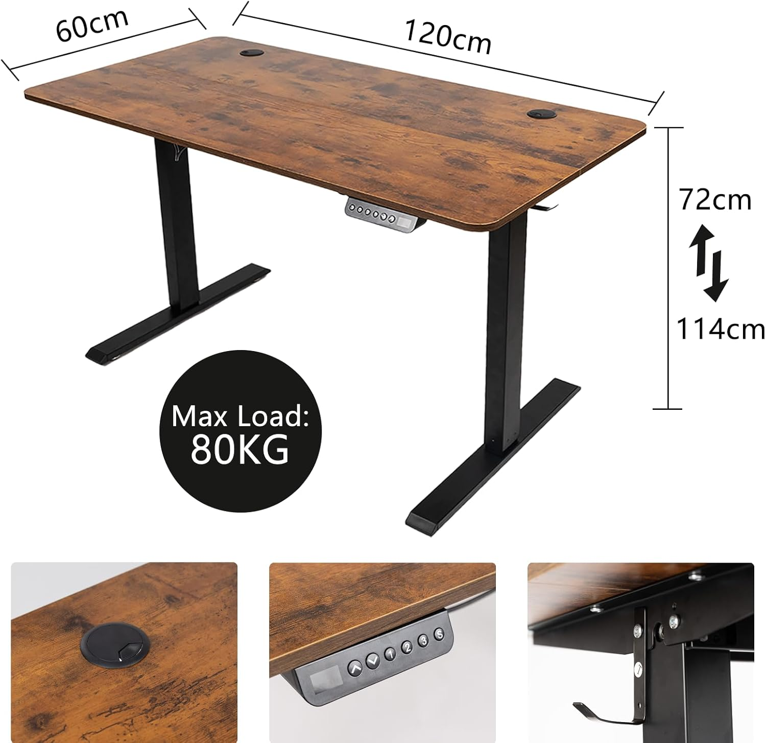 Electric Standing Desk - Motorized Height Adjustable Sit Stand Table with Touch Control Panel, Cable Management, and Headphone Hook - Ideal for Home Office (Black Frame+120Cm Brown Top) - White Frame120Cm Log Top image number 4