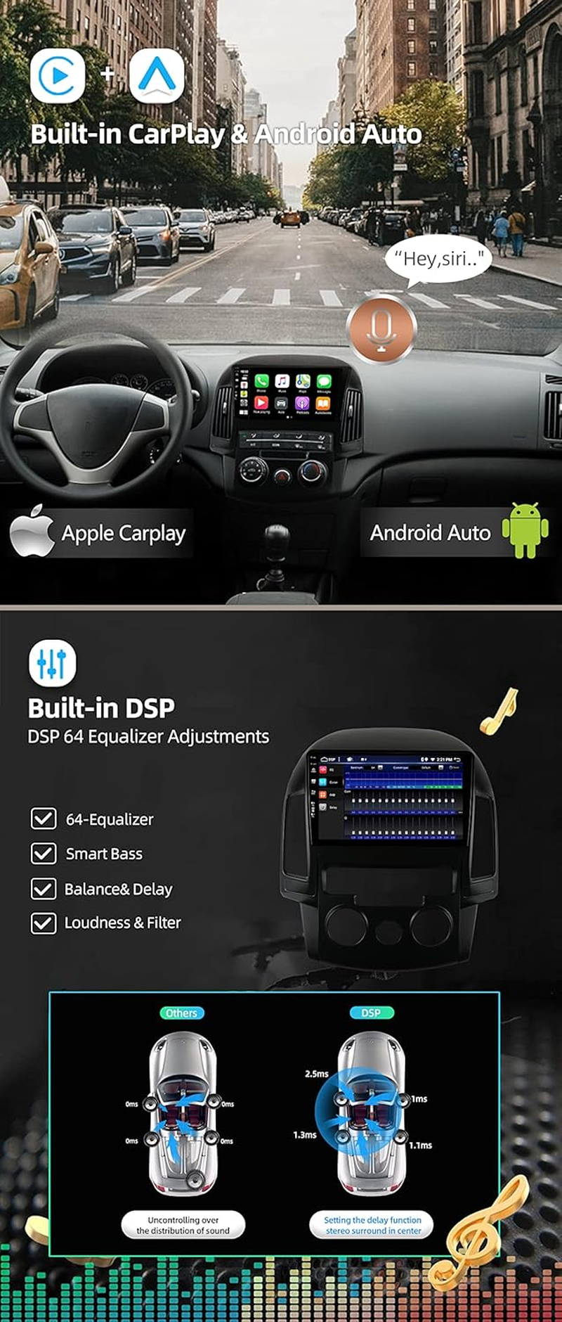 [6G+128G] - Android 14 IPS Car Stereo for Hyundai I30 (2006-2011) - Wireless Carplay/Android Auto - Camera & MIC - 9 Inch 2 Din - DSP Steering Wheel Dual Band Wifi DAB Fast-Boot 360-CAM image number 5