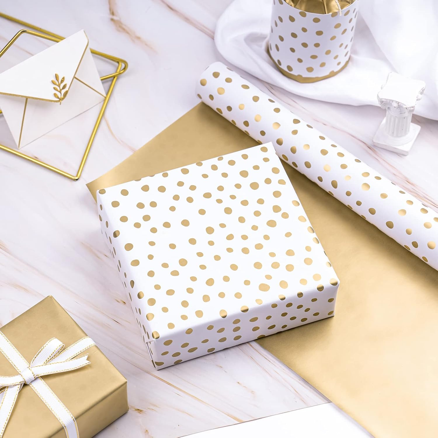 WRAPAHOLIC Reversible Wrapping Paper - Mini Roll - 17 Inch X 33 Feet - Gold Print and Delicate Polka Dots Design for Birthday, Holiday, Wedding, Baby Shower, Gold,White (BZP-17-LC-XDD-GOL), 1 image number 3