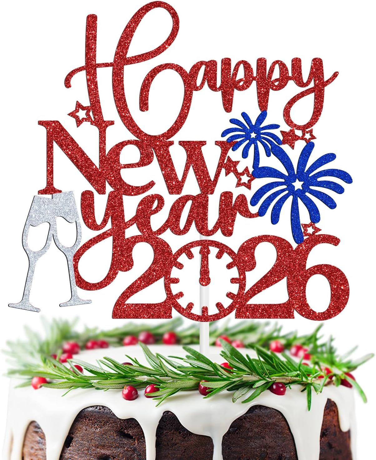 Happy New Year 2025 Cake Topper, Welcome 2025 Goodbye 2024, New Year Eve/Happy Hoilday/Merry Christmas Party Decorations Supplies, Photo Props, Red and Blue Glitter