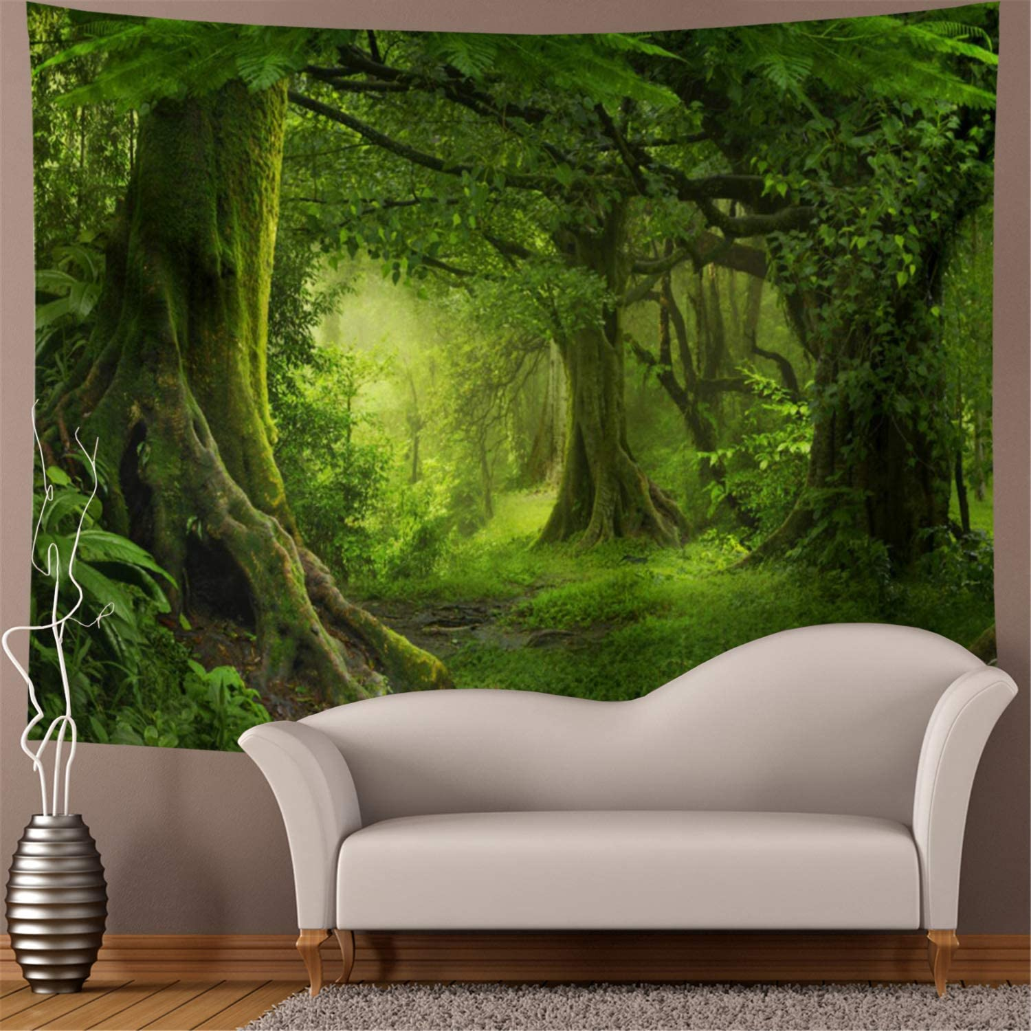 Lahasbja Virgin Forest Tapestry Green Tree in Misty Forest Tapestry Wall Hanging Nature Scenery Wall Tapestry Decor for Living Room Bedroom (XL/70.8"&times;92.5", Green Trees) image number 4