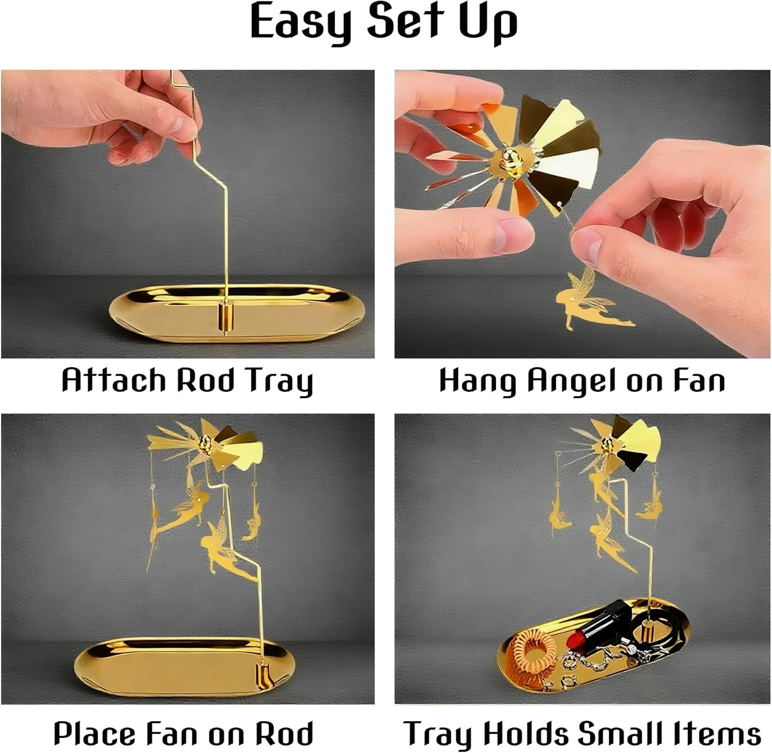 Gold Rotating Candle Holder, Spinning Fairy Carousel for Tealights, Decorative Centerpiece with Jewelry Tray (Fairy) - Fairy image number 4