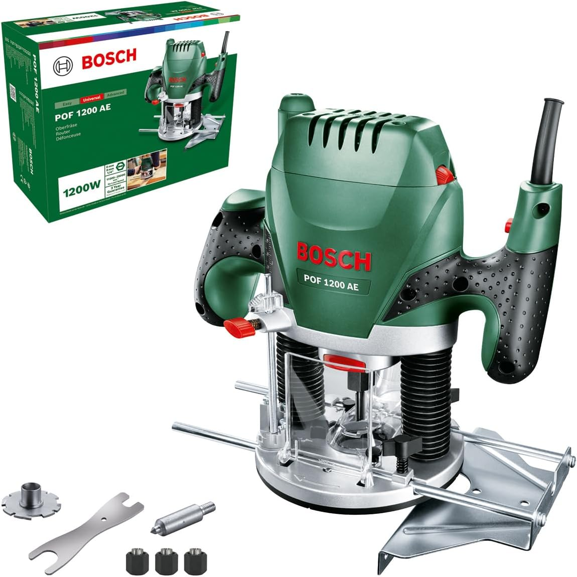 Bosch Home & Garden 1200W Electric Plunge Router with 8Mm Bit, Parallel Guide, Template Guide, Dust Extraction Adapter, 28000 RPM, Speed Selection, Wood, 3 Collets Included (POF 1200 AE) image number 4