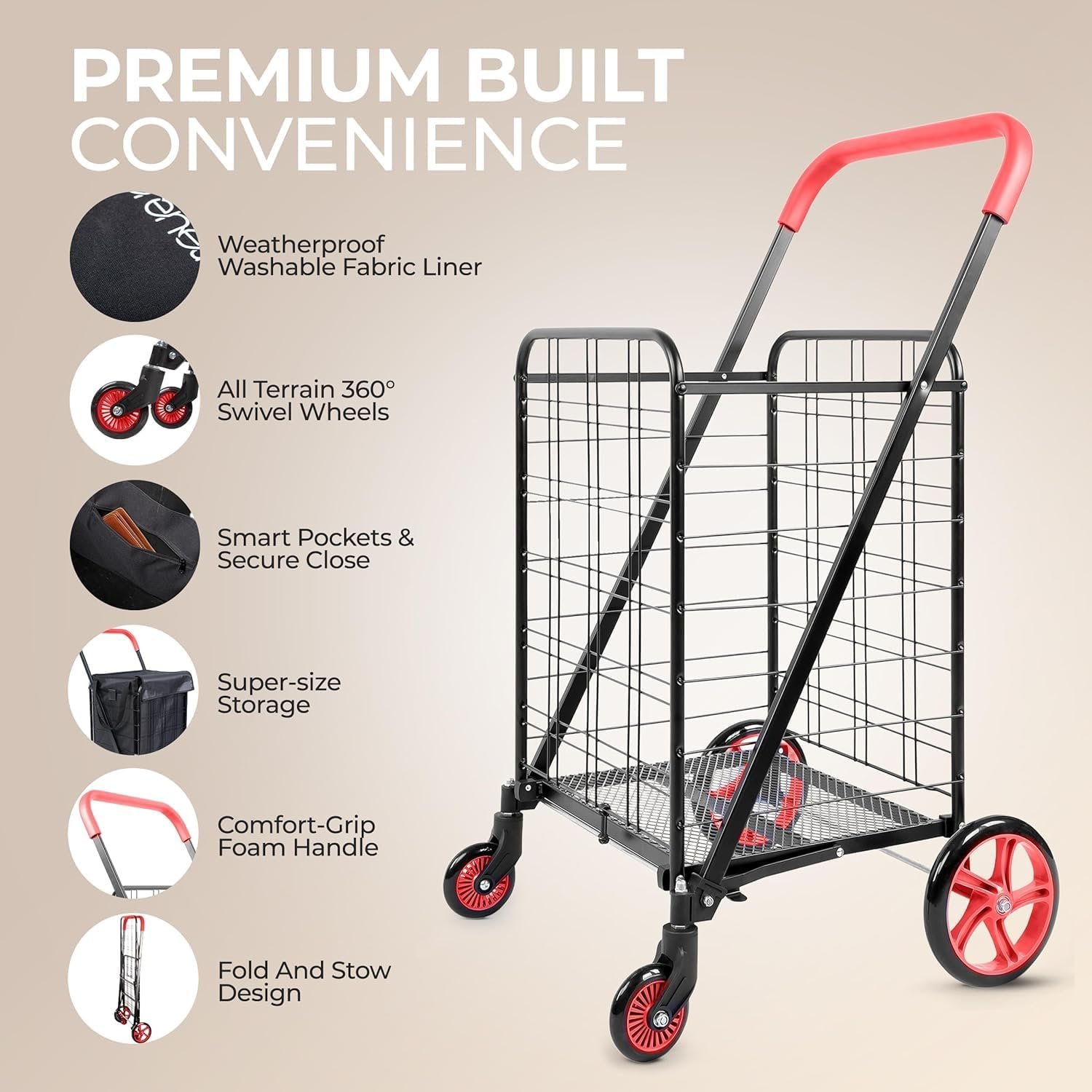 Serenelife Small Foldable Shopping Cart with Cart Liner - 17.72" X 21" X 36.6" Collapsible Grocery Cart with 70 Lbs. Capacity, Removable and Weatherproof Cart Liner, 360&deg; Swivel Wheels (Red) image number 1