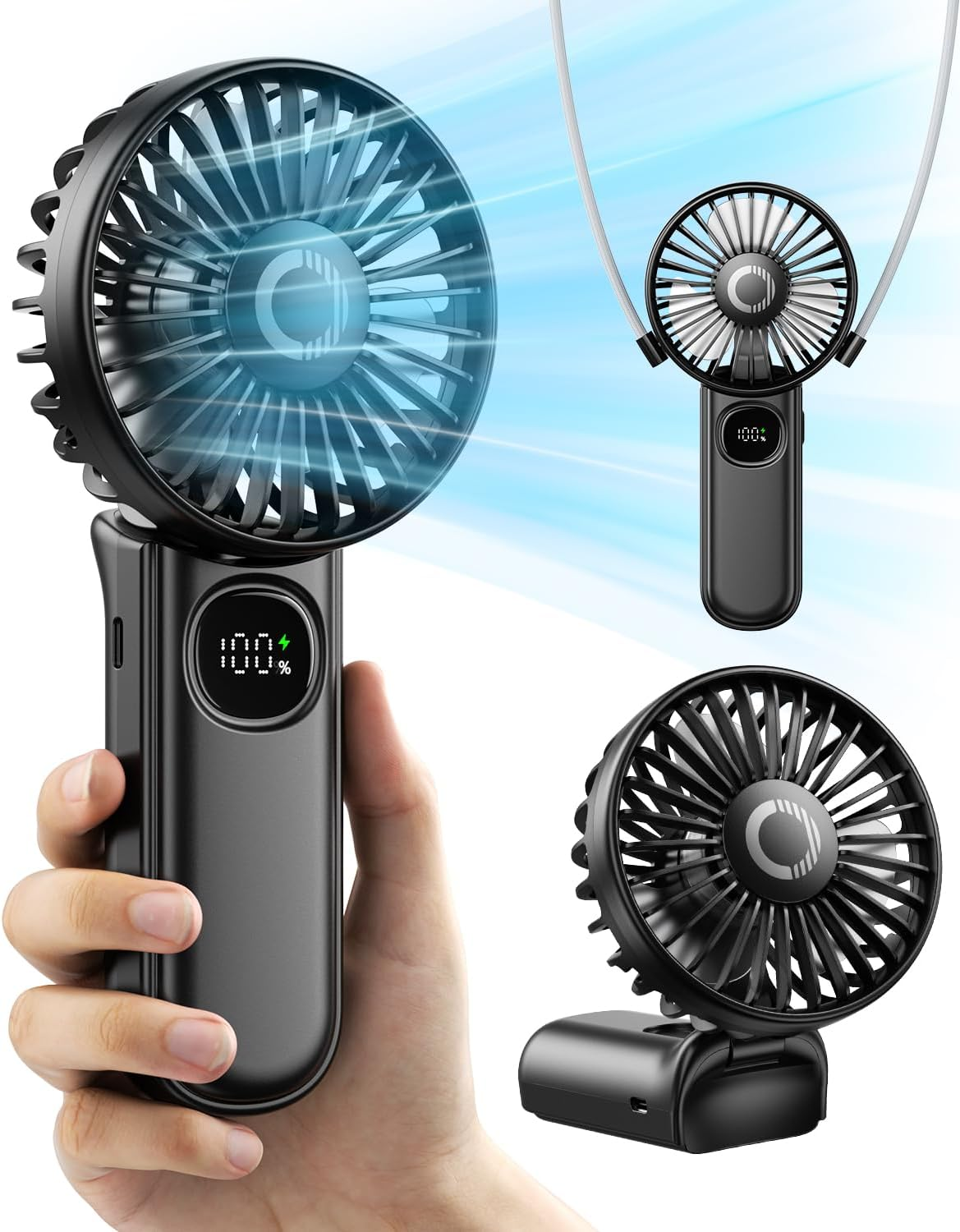 Handheld Fan, Foldable Portable Fan with LED Display, 3000Mah Battery Operated Mini Hand Held Fan, Handheld/Neck/Desk 3 in 1 Personal Small Fan for Eyelash Makeup Travel Beach Outdoor Black