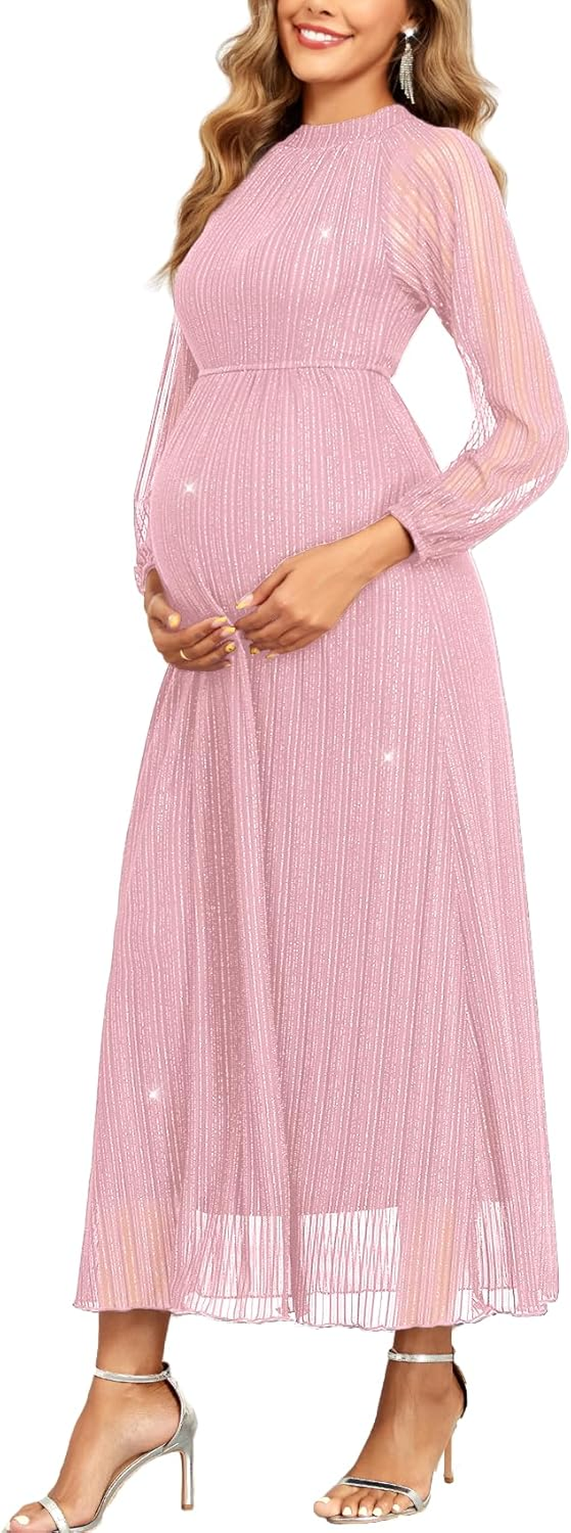 Maternity Sparkly Dress Halter Neck a Line Long-Sleeve Raglan Pregnancy Dresses Semi Formal Baby Shower Photoshoot image number 2