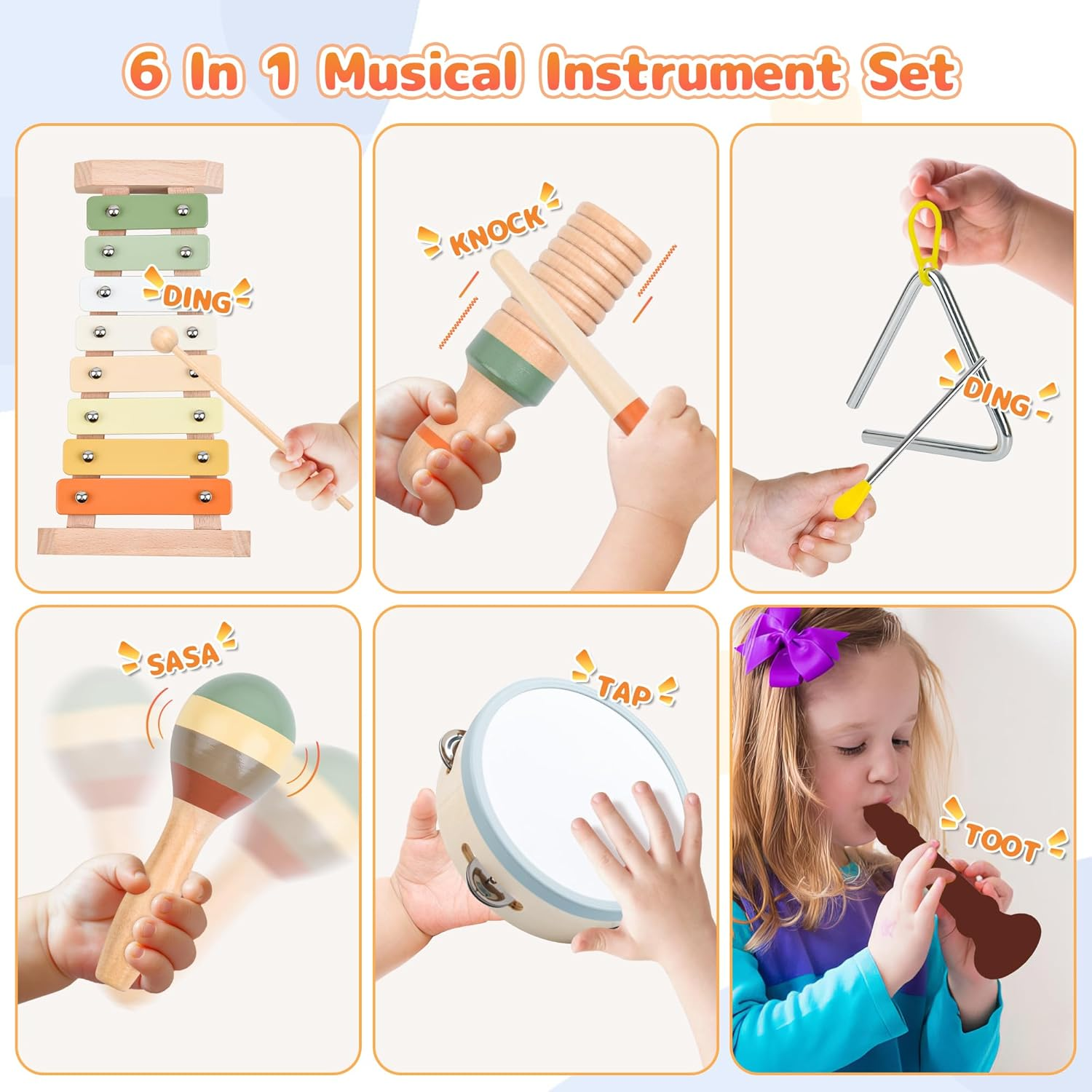 CYZAM Wooden Musical Instruments, Montessori Toys for Baby Toddler 1-3, Neutral Colors Wooden Percussion Instruments Set, Modern Boho Xylophone Tambourine, Kids Preschool Educational Birthday Gifts image number 3
