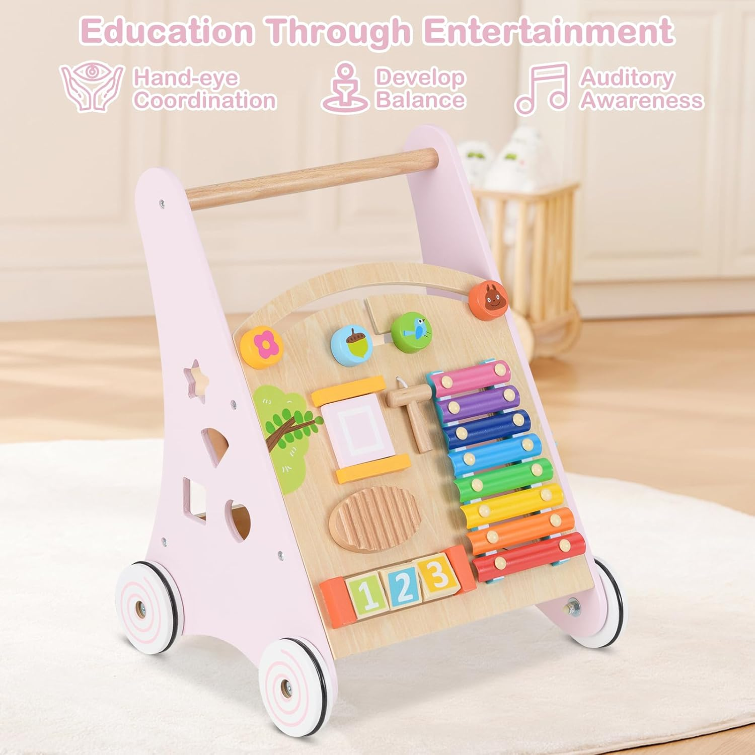 INFANS Wooden Baby Walker, Montessori Walker with Multiple Activity Toys, Storage, Push Walker Toys for Infant Learning to Walk, Sit to Stand for Boys Girls Aged 1+ Years (Pink) - Pink image number 6