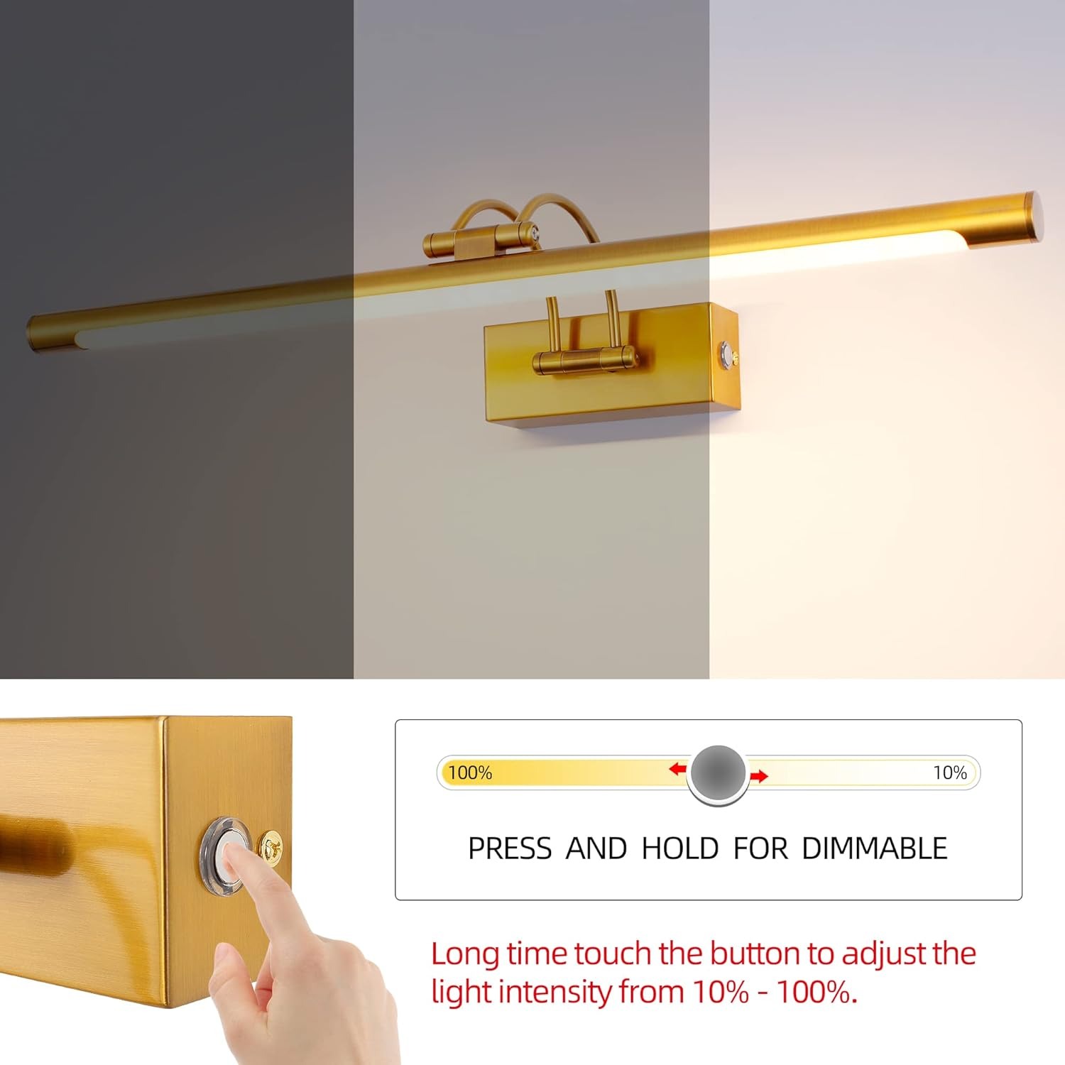 Mantolite Dimmable Picture Wall Light, 15 W, Brass, 60 Cm, LED Bathroom Mirror Light with Rotating Lamp Head for Hotel Restaurant Arc Arm, 3000 K / 4500 K / 6000 K Bed Reading Lights Display Lamps image number 2