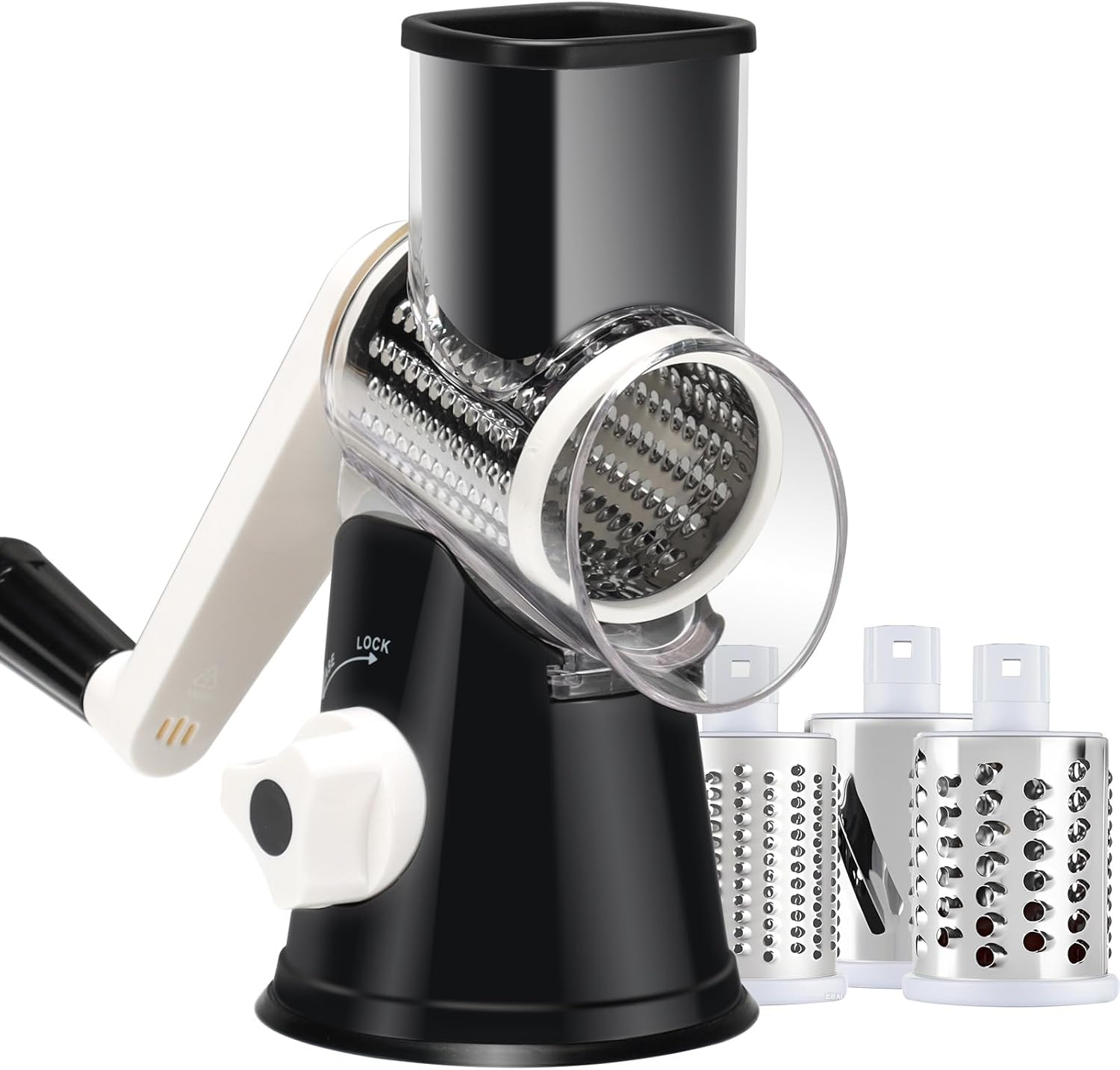 Rotary Cheese Grater Shredder, Speed Kitchen Manual round Mandolin Slicer Safe Grinder with 3 Interchangeable Blades for Nuts, Carrot, Hashbrown, Garlic, Walnut, Potato, Chocolate (Green)