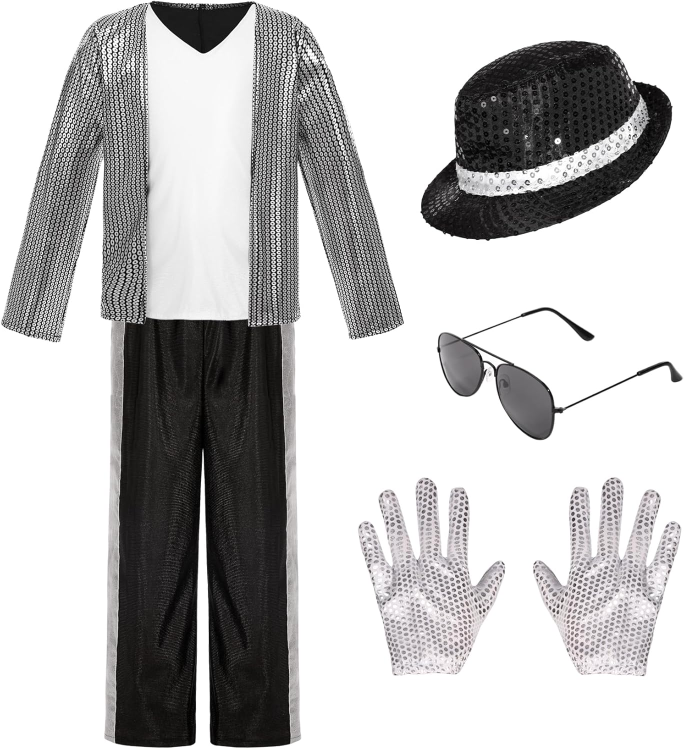 HORTYZON Kids Dance Star Costume Boys 80S Dance Costume 90S Pop Stage Outfits with Glasses Hat Gloves Halloween Cosplay Party image number 6