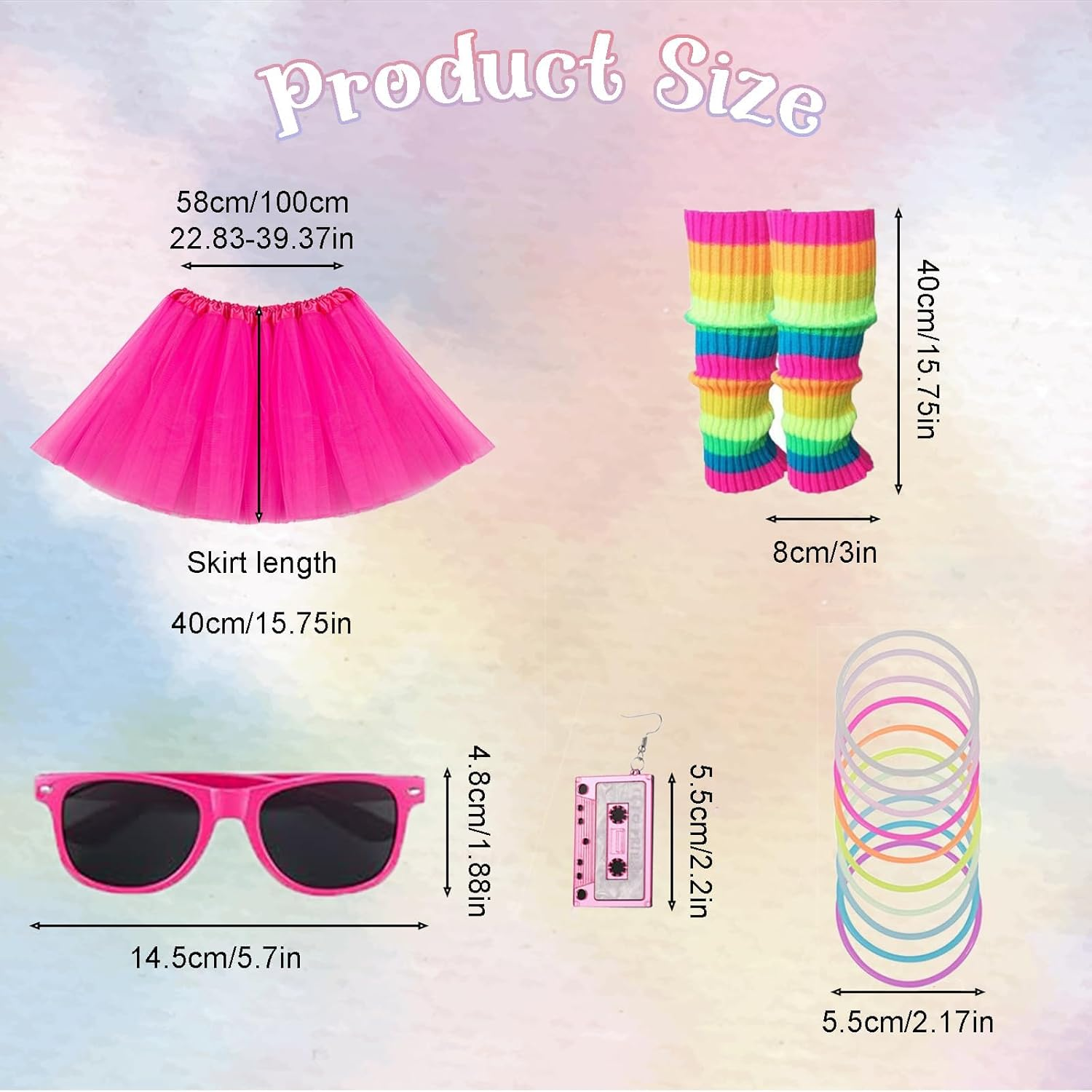 26Pcs 80S Fancy Dress for Women,Neon Clothes Costume Set with Lace Bow Headband,Sunglasses,Hair Scrunchies,Necklace,Earring,Tutu Skirt,Leg Warmers,Fishnet Gloves,Waist Packs (Pink) image number 1