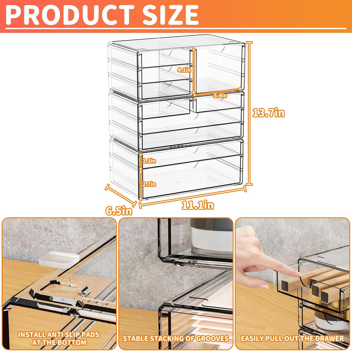 Yieach 3Pack Clear Drawer Organizers Stackable,Acrylic Storage Drawers with 10 Drawers,Multipurpose Office Supply Organizer and Makeup Organizer for Beauty,Craft,Pen,Medical,Stationary Desk Organizers image number 4