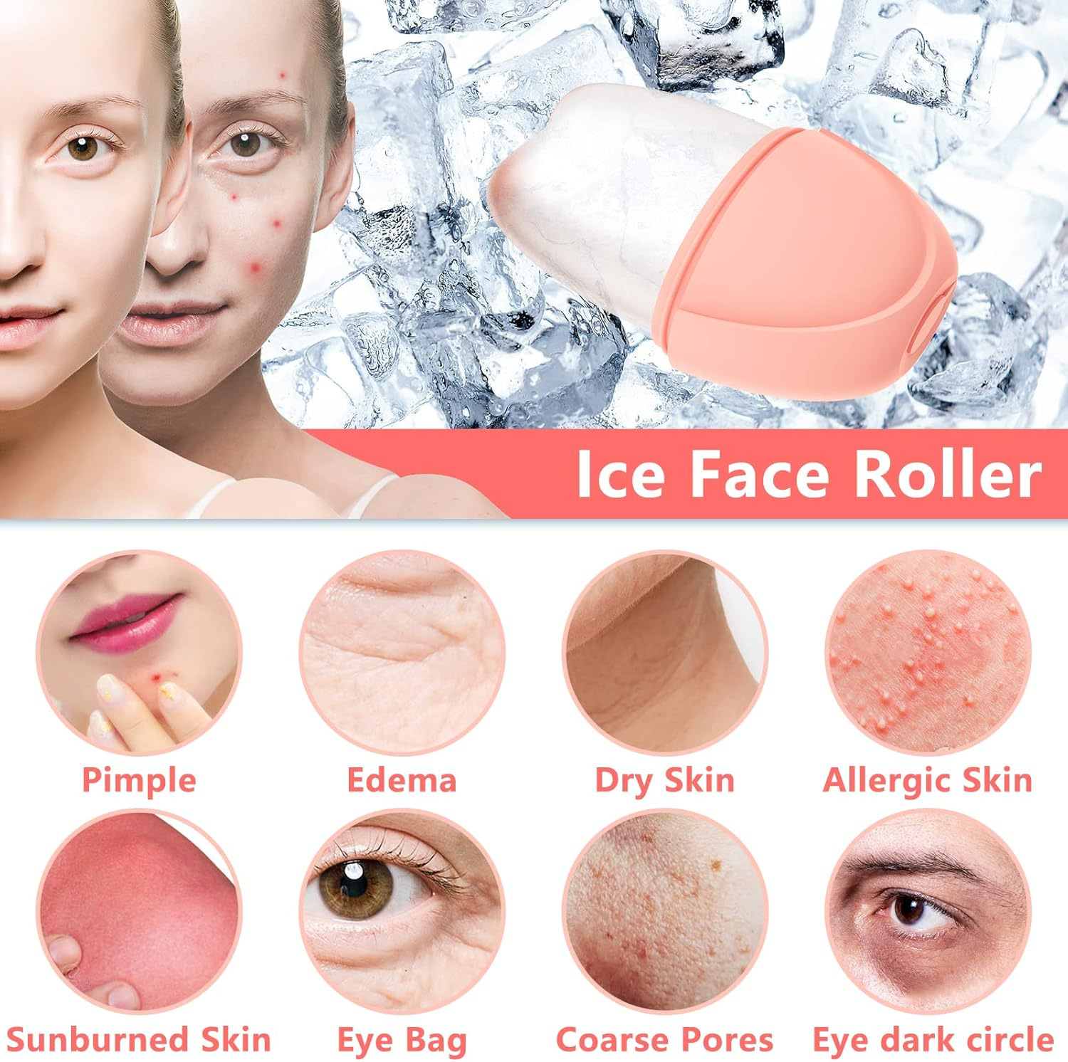 Hianjoo Ice Face Roller, Ice Roller for Face Eye Neck Reusable Facial Roller Beauty Skin Care Tools Ice Mold Silicone Cube Eyes Treatment V-Shaped DIY Facial Massage Brighten Puffiness Relief, Pink