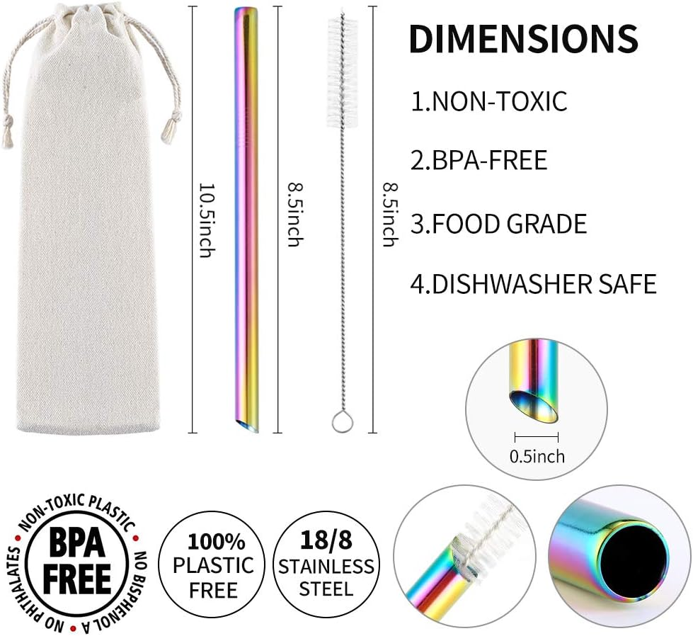 6 Pcs Reusable Bubble Tea Straws, Boba Straws 12Mm Wide Stainless Steel, Angled Tips Metal Straws for Bubble Tea, Milkshakes, Smoothies with Cleanning Brush & Case (Rainbow) - Rainbow image number 4