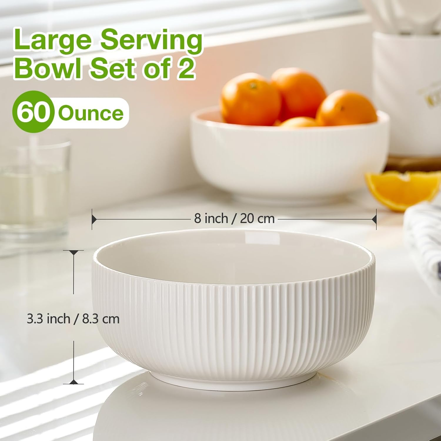 D&D EVA 2 Pack Salad Bowl, 8 Inch 60 Oz Large Serving Bowl Set, Deep Bowl for Kitchen, White Ceramic Bowl Set for Soup, Cereal, Ramen, Pasta, Salad, Dishwasher & Microwave Safe, Easy Clean image number 2