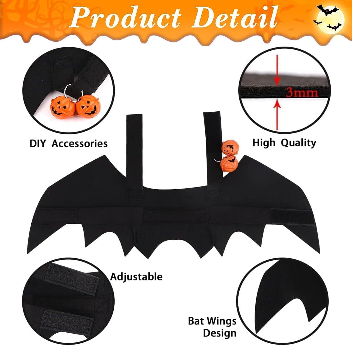 Bat Wings Cat, Halloween Cat Bat Costume Wings with Pumpkin Bell, Pet Bat Costume Cute Halloween Costume for Pets Cosplay Costume for Medium Dog Cat for Parties, M