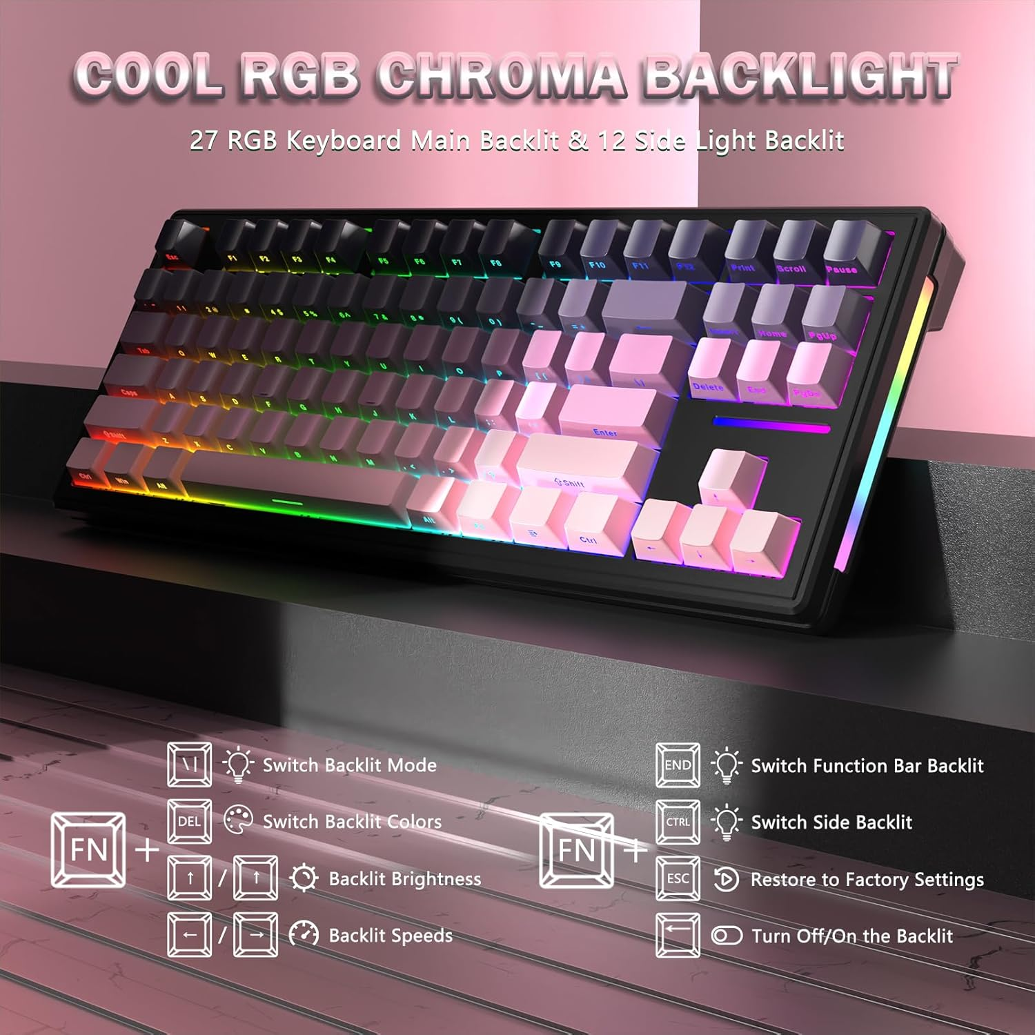 ATTACK SHARK TKL Wireless Mechanical Gaming Keyboard, Bluetooth 5.0/2.4G/USB-C Wired Hot Swap RGB Keyboard 80%, Linear White Switches Gradient Side Print PBT Keycaps for PC Mac - Burr