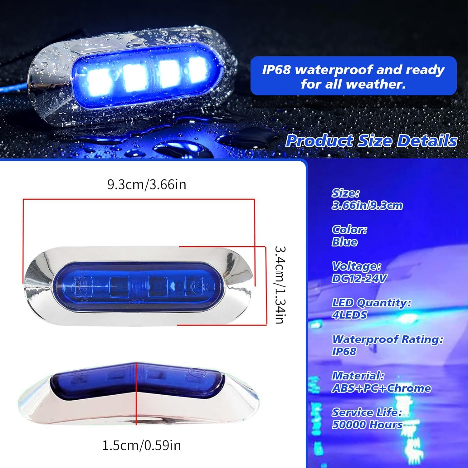 6Pcs 9.2Cm Boat Interior Lights, Waterproof LED Deck Courtesy Lights for Yacht, Pontoon, Sailboat, 12V24V Cockpit Light Also for Truck, RV, Exterior Modification, Durable Bright LED Lighting (Blue) image number 4