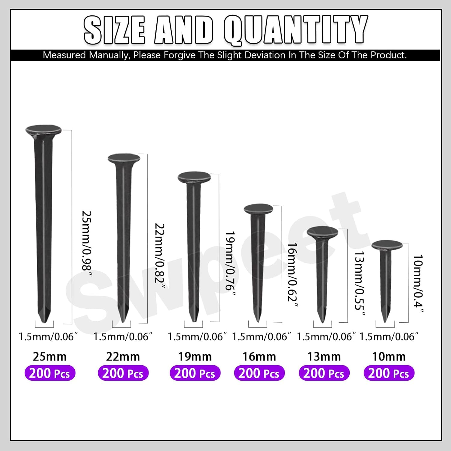 Swpeet 1200Pcs 6 Sizes 10Mm/13Mm/16Mm/19Mm/22Mm/25Mm Metal Nails Tacks Assortment Kit, Non-Slip Shoe Tacks Metal Hardware Nails Studs for Shoes Boots Leather Heels Soles Repairs Replacement image number 4