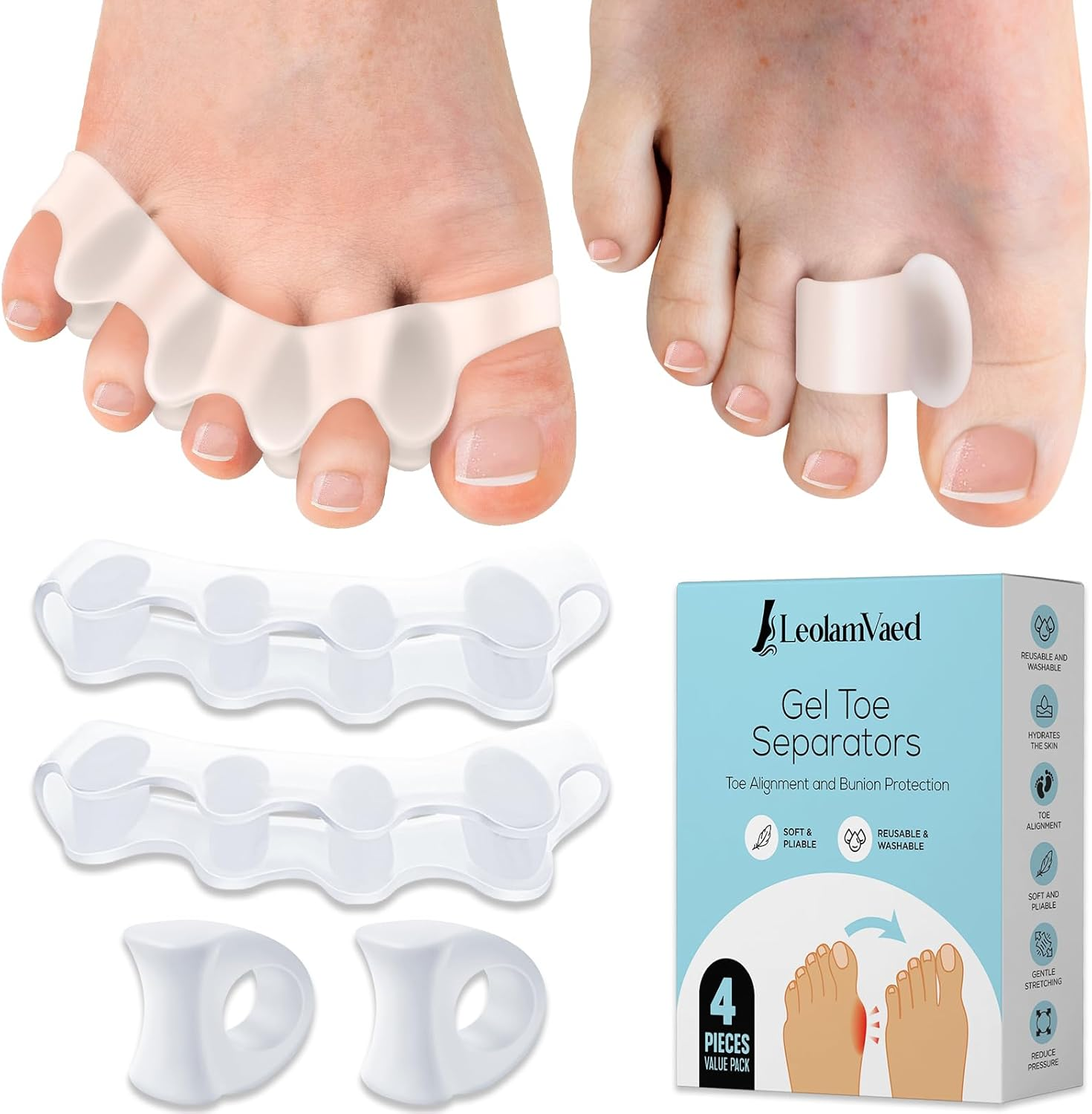 (4 Pieces in Two Types) Toe Separators & Toe Spacers for Feet Men and Women, Fast Pain Relief from Hammer Toe & Bunions, Medical Grade Gel Hammer Toe Corrector Straightener for Walking & Yoga
